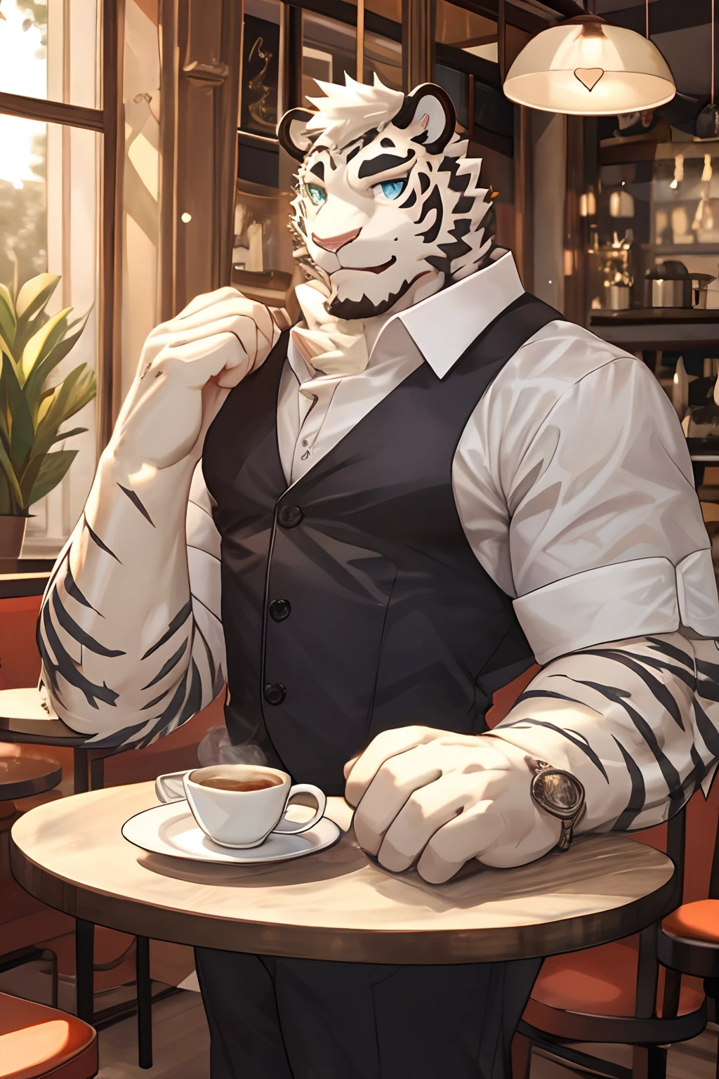 Anthropomorphic White Tiger, Body Fit, Black Strips, Short Hair, Perfect Eyes, Waiter Uniform, Smiling, Heart Warming, Cool Pose, Handsome, Good looking, Looking To Front, Morning Time, Cafe Background.