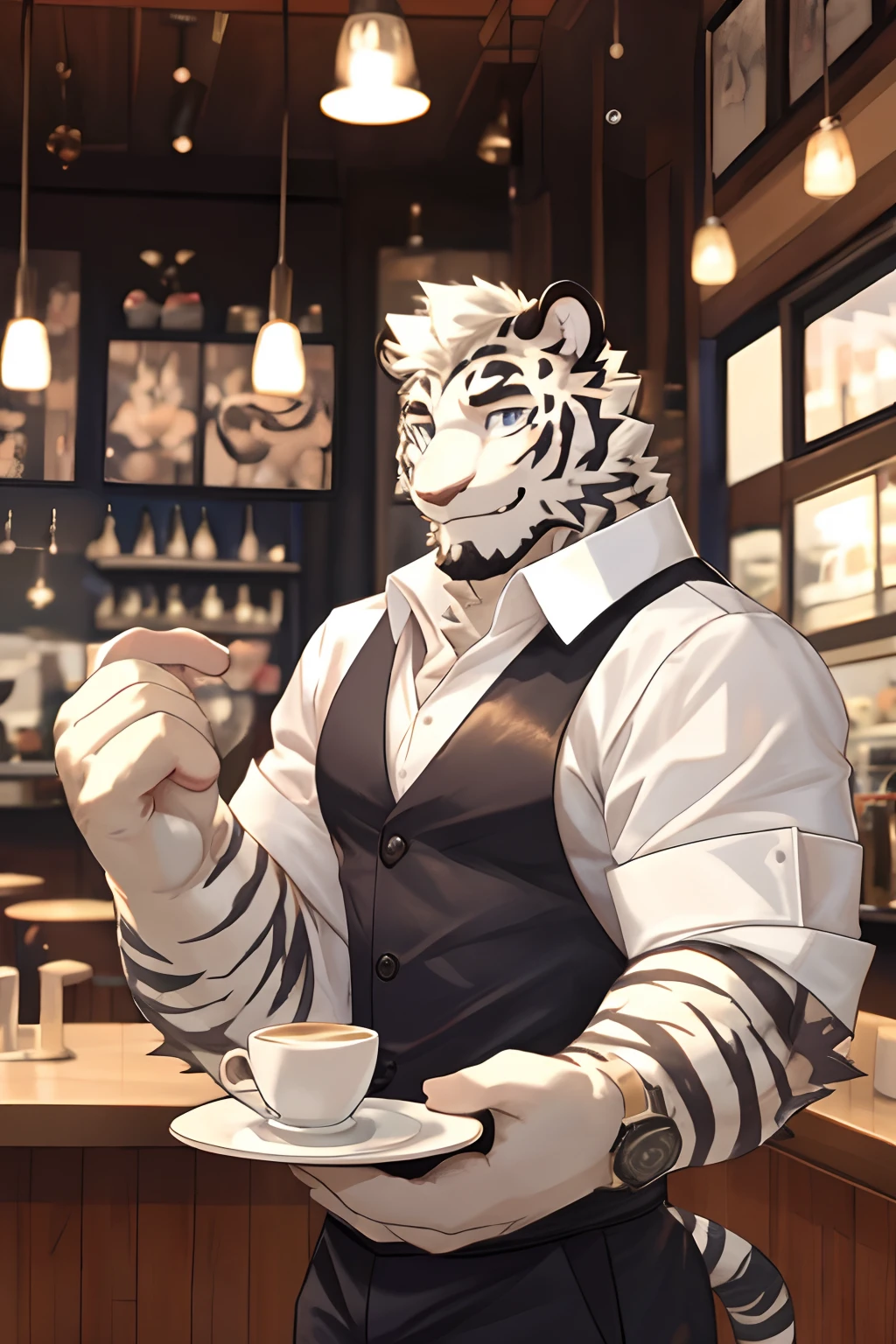 Anthropomorphic White Tiger, Body Fit, Black Strips, Short Hair, Perfect Eyes, Waiter Uniform, Smiling, Heart Warming, Cool Pose, Handsome, Good looking, Looking To Front, Morning Time, Cafe Background.