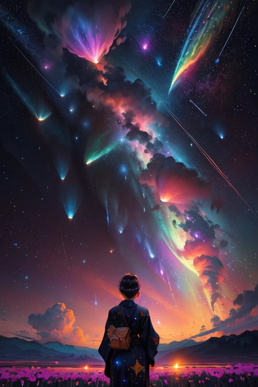 Girl standing looking up into the stars, clouds floating around her, brilliant colors, amazing swirls of cosmic dust, colorful vibrant, light particles, water color painting, splash art, (zoom out:1.1), (meteor shower:1.2), (comet:1.1), low-up angle, from behind, aroura borealis, shooting star, yukata, red kimono , cherry blossoms, Standing in a field, best quality, masterpiece, cloud, colorful, starry, stars, --self