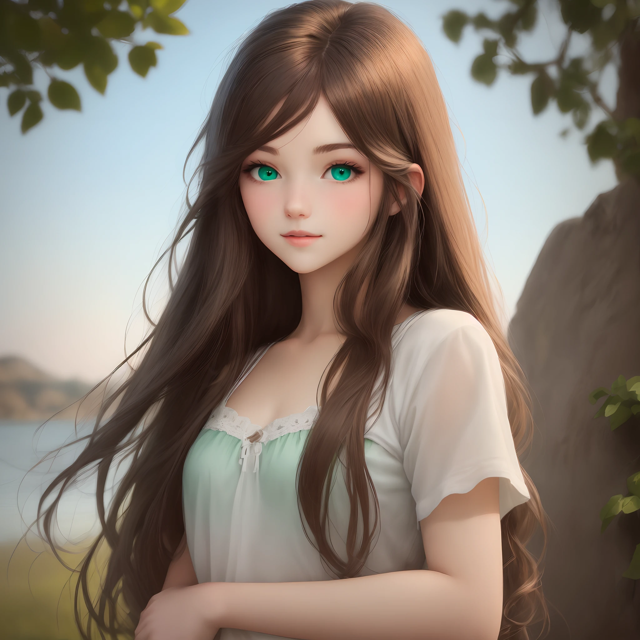 Guy with long brown hair and green eyes a girl with long brown hair and blue eyes