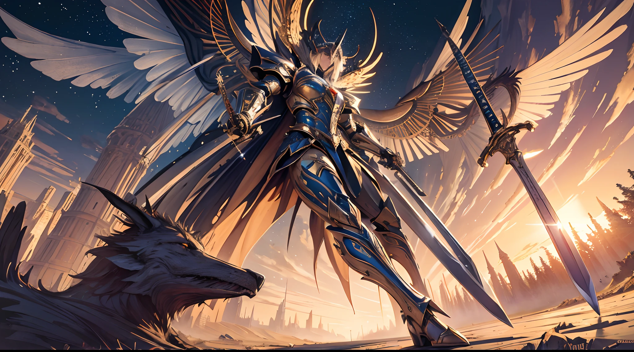 (masterpiece, best quality:1.3),extremely high detailed, intricate, 8k, HDR, wallpaper, cinematic lighting, (universe),(holding sword:1.3), glowing, armor, glowing eyes, mecha, large wings,