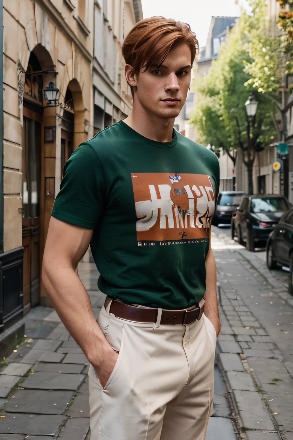 homme, 18 ans, 80kg, 180cm, Coppery red hair, coupe business, Yeux verts , t shirt court couleur abricot, Slightly muscular , petite rue parisienne, Spring Day,