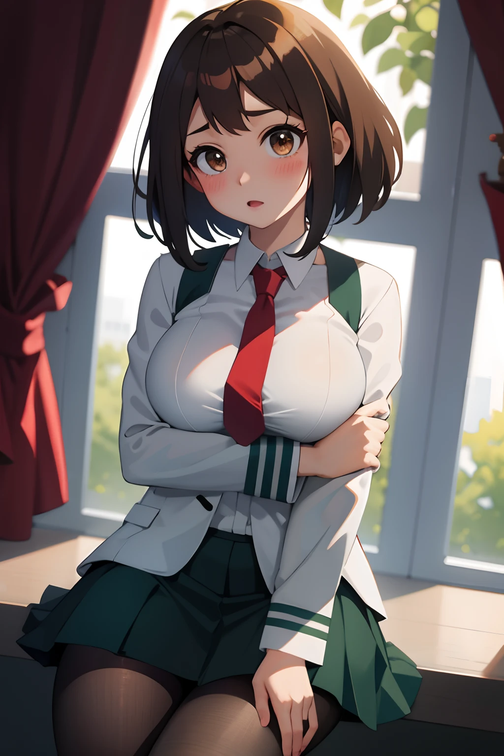 masterpiece, best quality, high contrast, professional photography, soft light, sharp focus, 1girl, hmochako, blush stickers, short hair, medium breasts. school uniform, green skirt, pleated skirt, red necktie, black pantyhose, white shirt, long sleeves, grey jacket,beautiful brown eyes, cleavage, big breasts, sweating, blushing, heavy breathing,