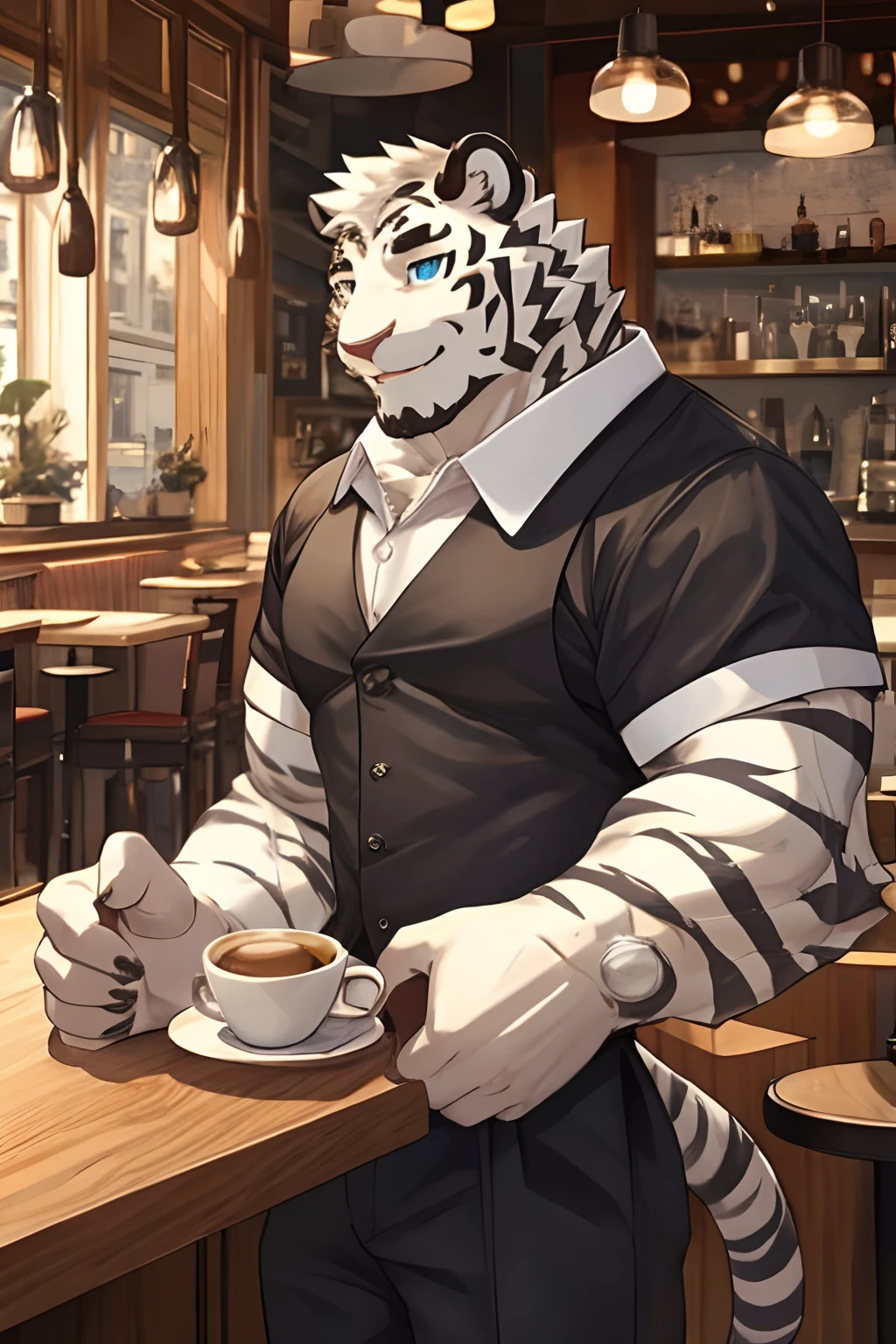 Anthropomorphic White Tiger, Body Fit, Black Strips, Short Hair, Perfect Eyes, Waiter Uniform, Smiling, Heart Warming, Cool Pose, Handsome, Good looking, Looking To Front, Morning Time, Cafe Background.