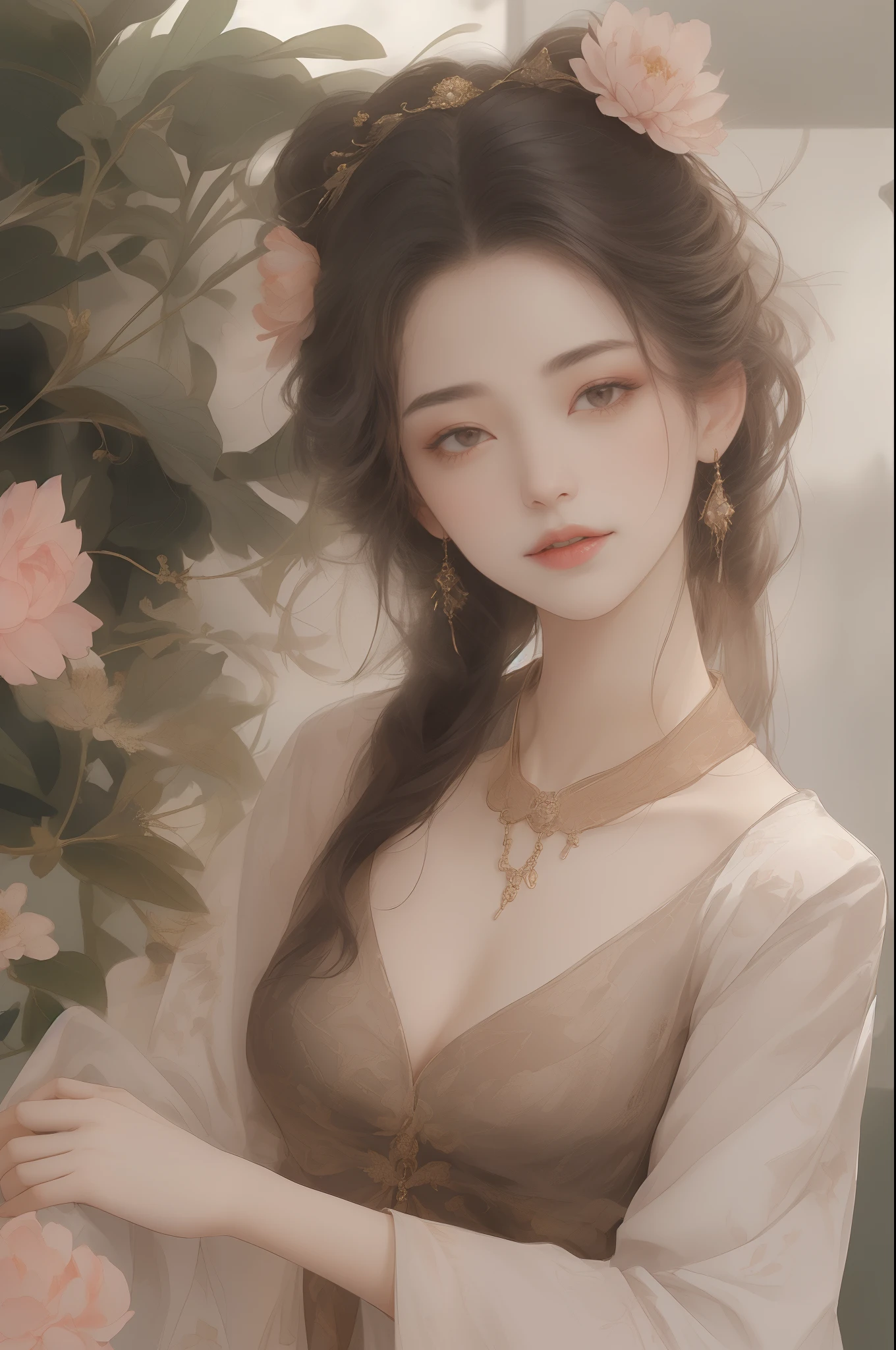 (Best quality, Masterpiece:1.2, A high resolution, 1 girl, Porcelain dress, Delicate hair accessories,Flower ornaments, Stunning necklace, Exquisite jewelry, Beautiful face, Detailed body, Bokeh effect, Realistic Shading, Studio lighting, twotonelighting, High-detail skin:1.2, 8k ultra high definition, digital camera, Soft lighting, professional render, voluminetric lighting, Sincere expression, Portrait, A high resolution, 4K, Blurred background)