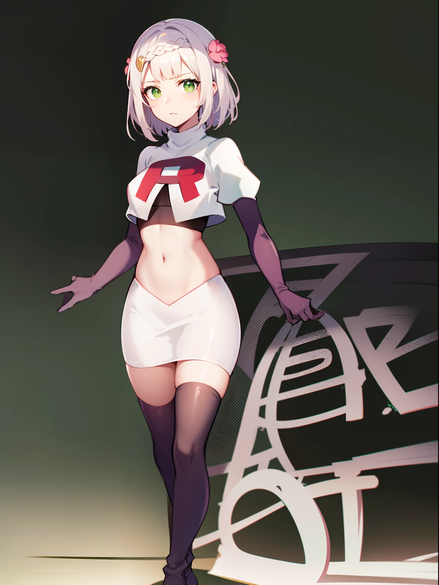 genshinnoelle, noelle, braid, flower, hair flower, hair ornament, short hair, silver hair, (green eyes:1.5),team rocket,team rocket uniform,white skirt,crop top,black thigh-high boots,black elbow gloves,