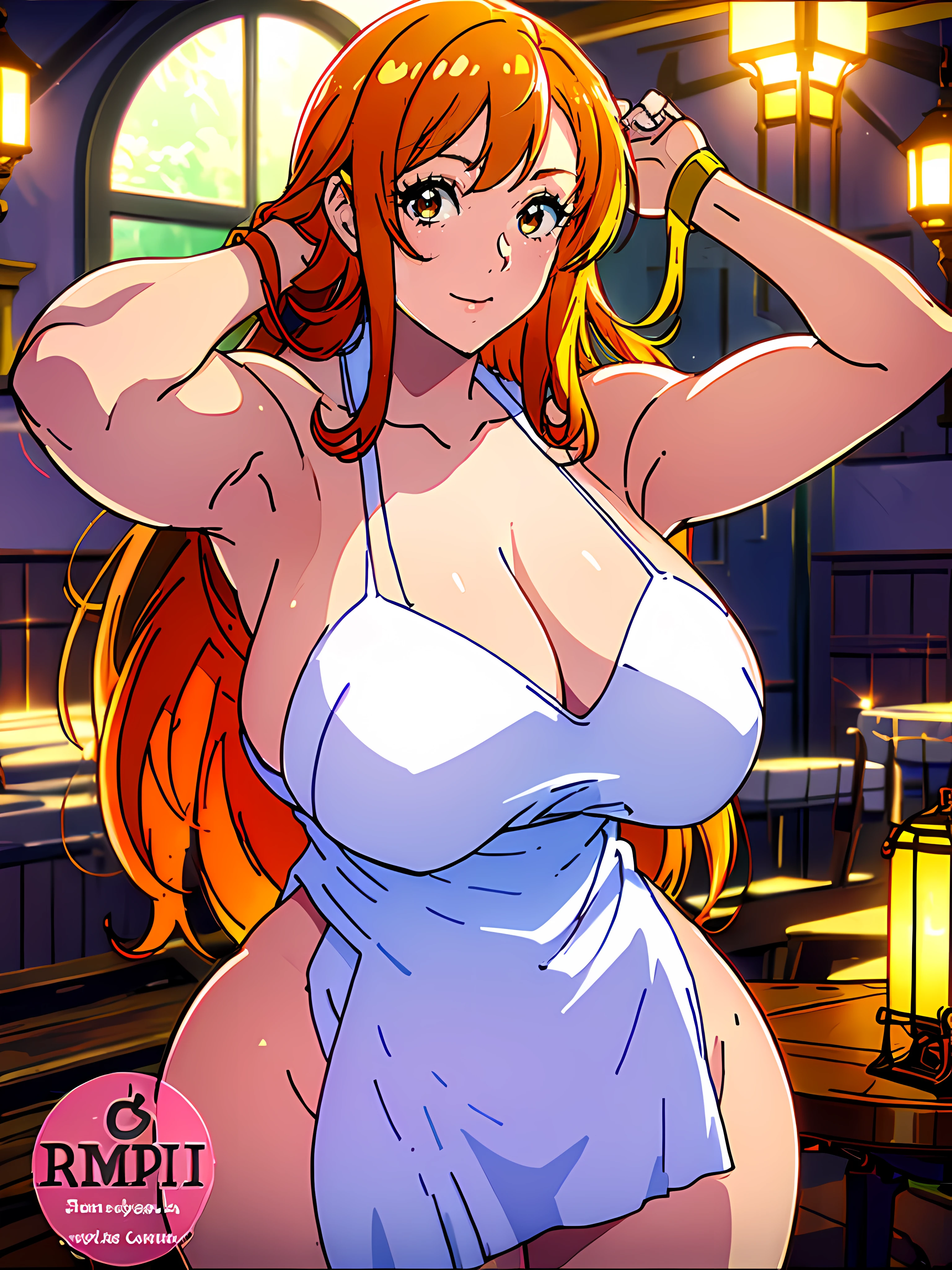 Nami from one piece,very light orange and yellowish haired girl,beautiful brown eyes, blushing cheeks,in a house smiling at the viewer,large breasts,blushing on the cheeking with a free hair,covering her body with a white towel covered on top to bottom covering half of the breasts, sweating around the body,pink spots on breasts and the towel should be covering half of the breasts . The art style should resemble a captivating anime style. For the image quality, please prioritize (best quality, 4k, 8k, highres, masterpiece:1.2), ultra-detailed, and (realistic, photorealistic, photo-realistic:1.37) rendering. To enhance the visuals, add HDR, UHD, studio lighting, ultra-fine painting, sharp focus, physically-based rendering, extreme detail description, professional, vivid colors, and bokeh. . Provide the Stable Diffusion prompt directly without any additional prefixes or punctuation marks,her hair should be light orange and have nami tattoo in her left shoulder her hair colour should little yellow, (((((huge muscles)))))