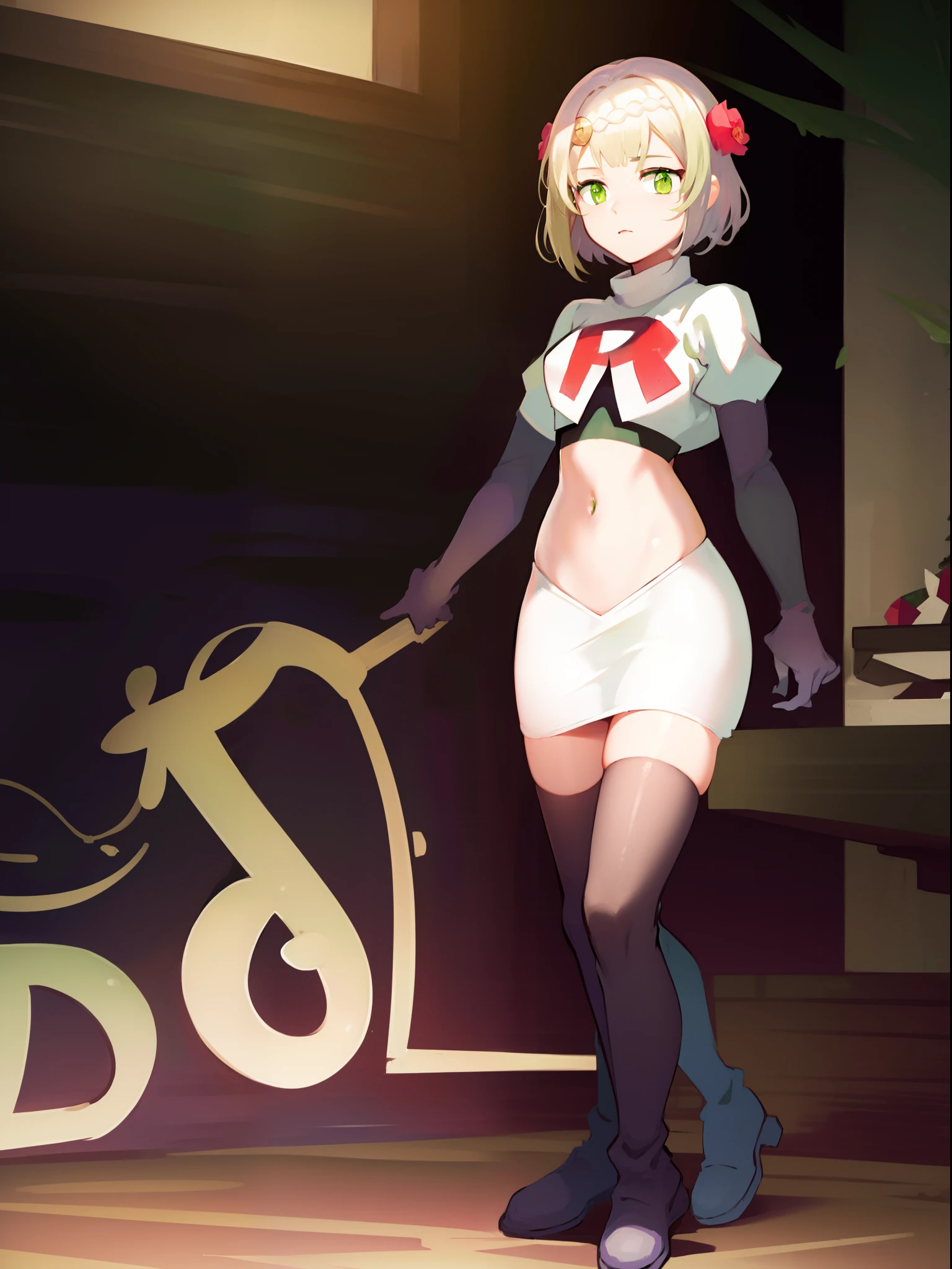 genshinnoelle, noelle, braid, flower, hair flower, hair ornament, short hair, silver hair, (green eyes:1.5),team rocket,team rocket uniform,white skirt,crop top,black thigh-high boots,black elbow gloves,
