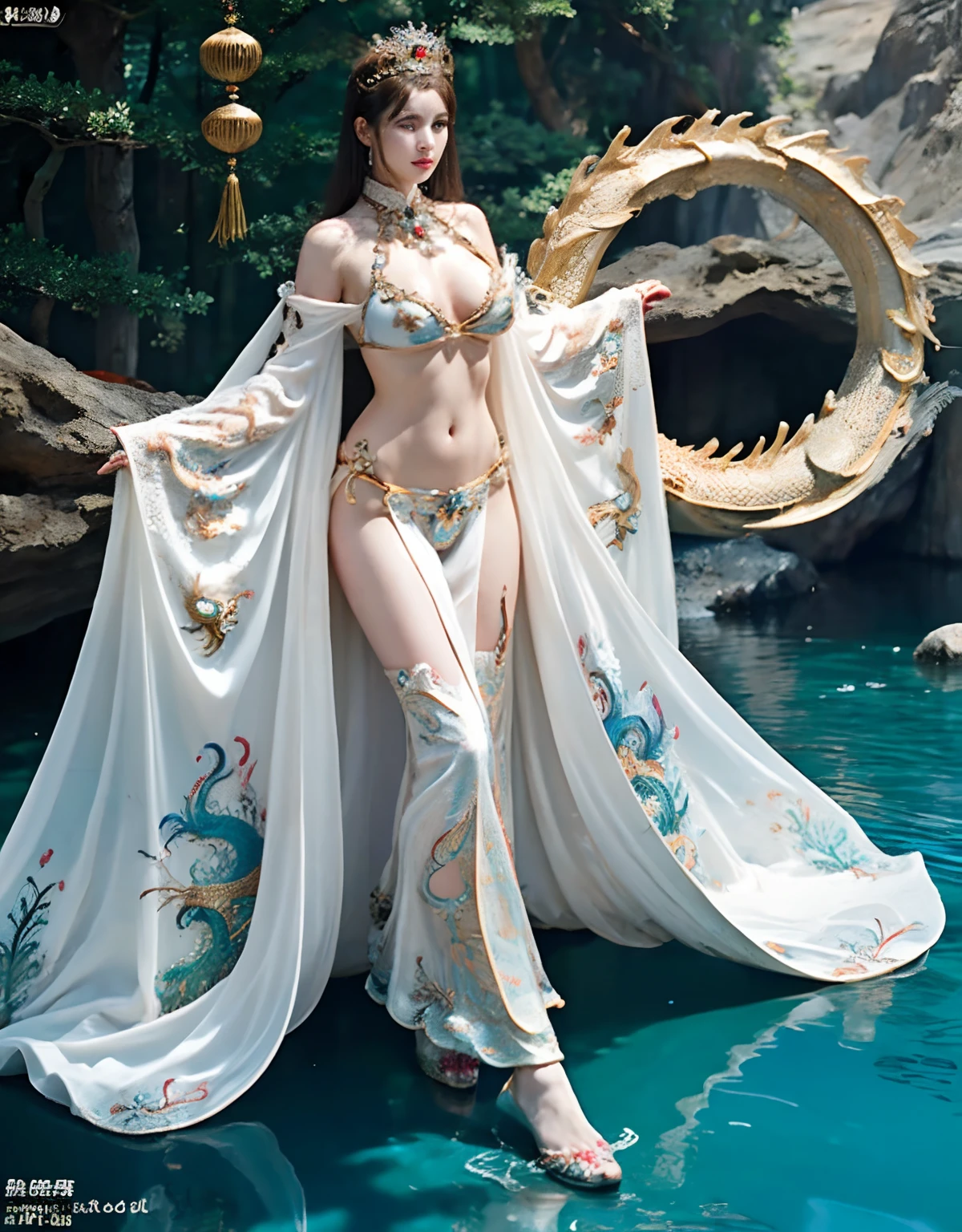 (heavy breasts)、top-quality、masterpiece、超A high resolution、(Blue Dragon Armor)、(((Colossal tits))),dragon armor、(((Detailed Micro Bikini))),(Wearing a beautiful crown made of jewels),(Photorealsitic:1.4)、Raw photo、1人、(((Random hair))、(((Take different poses)))、glowy skin、(((White Chinese Dragon)))、Intricate and ornate hair ornaments、(Gorgeous Jewelry Necklaces)、(Mystical expression)、(Full Body Angle)、(Fight big dragons)、(Metal bikini)、((beautiful lake background)))、Precipitous cliffs、((super realistic details))、portlate、globalillumination、(sexypose)、Shadow、octan render、8K、ultrasharp、Colossal tits、Raw skin is exposed in cleavage、metals、Details of complex ornaments、Japan details、highly intricate detail、Realistic light、CGSoation Trends、Blue eyes、radiant eyes、Facing the camera、Precipitous cliffs、Toostock、(Full Body Angle)、(veils)、(((Heavy Big))),