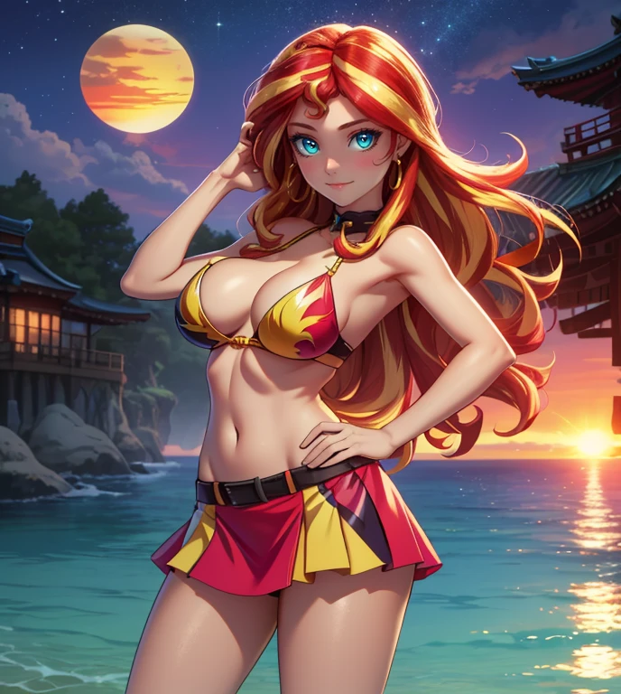 Sunsethuman, Sunset Shimmer, Sunset Shimmer from my little pony, Sunset Shimmer in the form of a girl, big breasts, lush breasts, voluminous breasts, firm breast, detailed hands, two tones of hair, red and yellow hair, disco, solo, one character, pink tube top, red mini skirt, high heels, thin, no muscles, normal body, turquoise eyes, gentle smile,