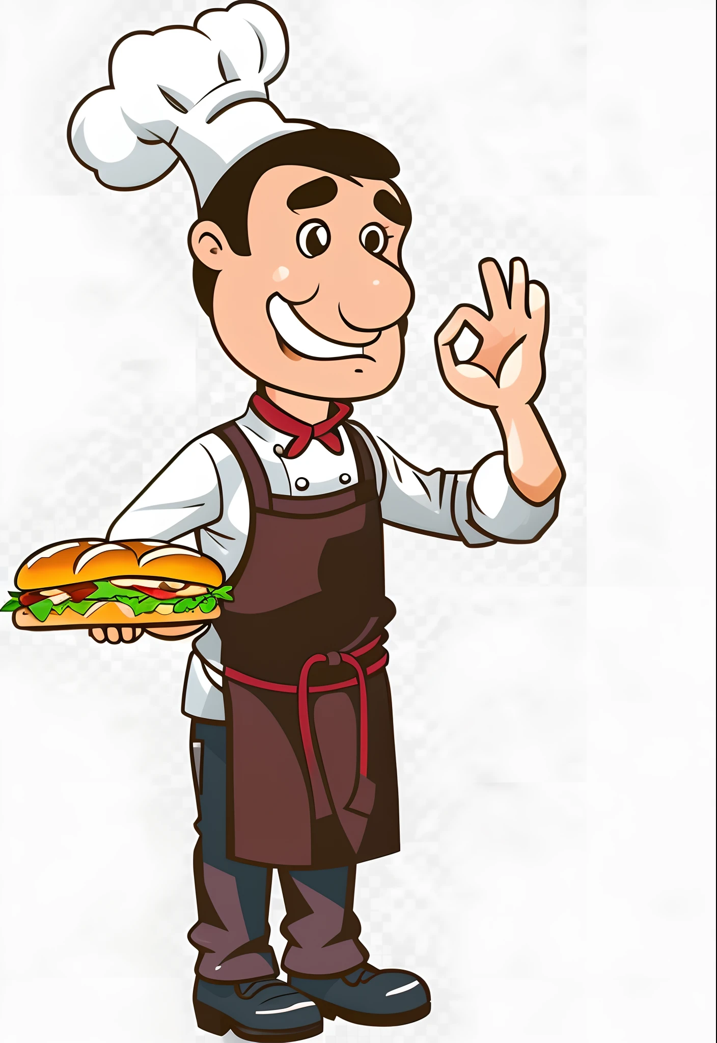 Cartoon chef holding a sandwich and giving peace sign, serving burgers, chef feliz, segurando uma baguete, serving suggestion, melhor chef, cozinhar, usando avental, commercial illustration, professional illustration, operating on burgers, delicioso, oferecendo um prato de comida, imagem dos desenhos animados, sandwich, Clipart, cooking show, Arte Oficial, cartoon illustration, cozinha, servir batatas fritas
