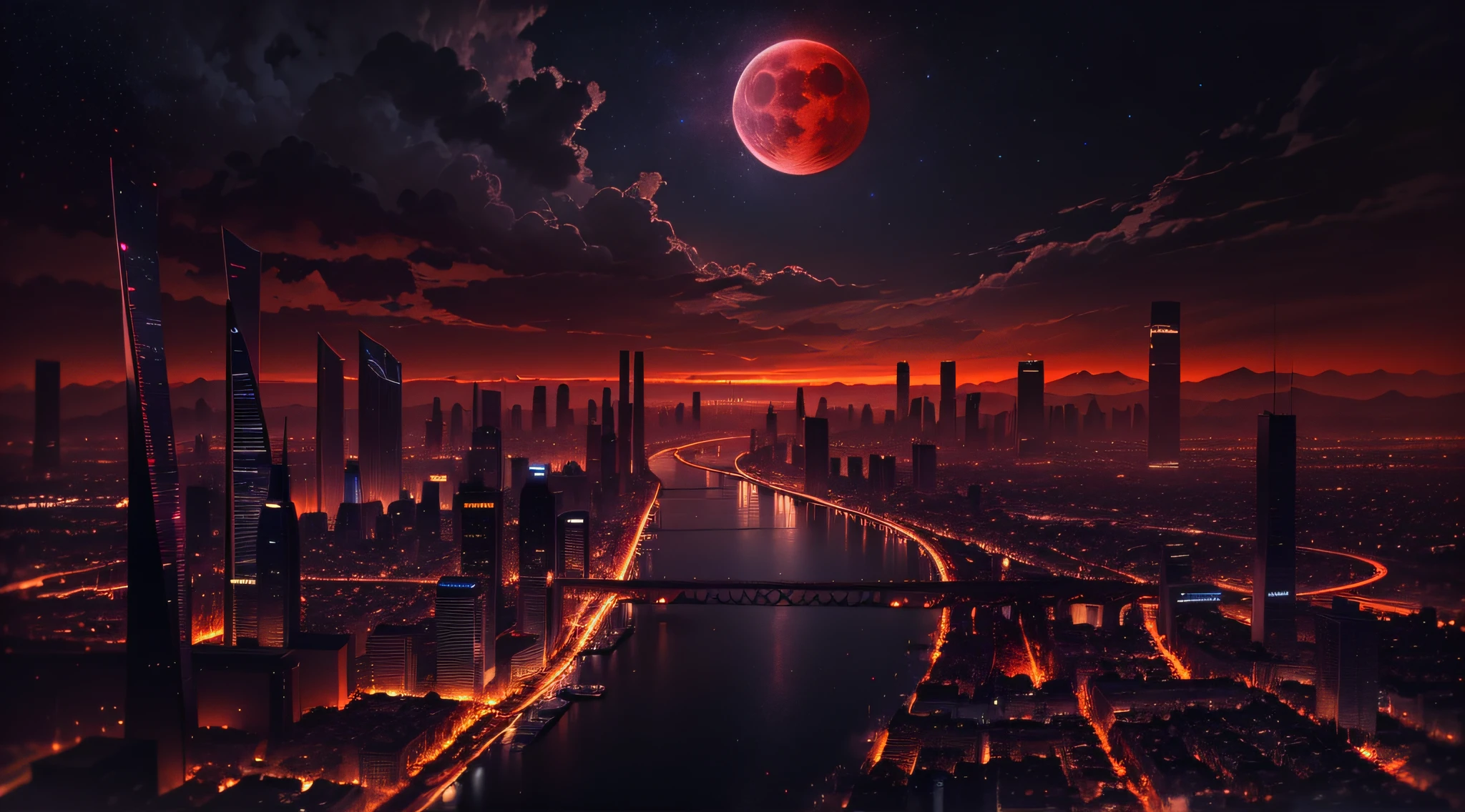 Dark night over the city, Red Moon, Red Moon with energy flow, Energy ebbs and flows, Bad premonitions, scenery, they don't want people, There is a flow of energy, Very real, 4k, chiaroscuro, Super high detail waiting for the start