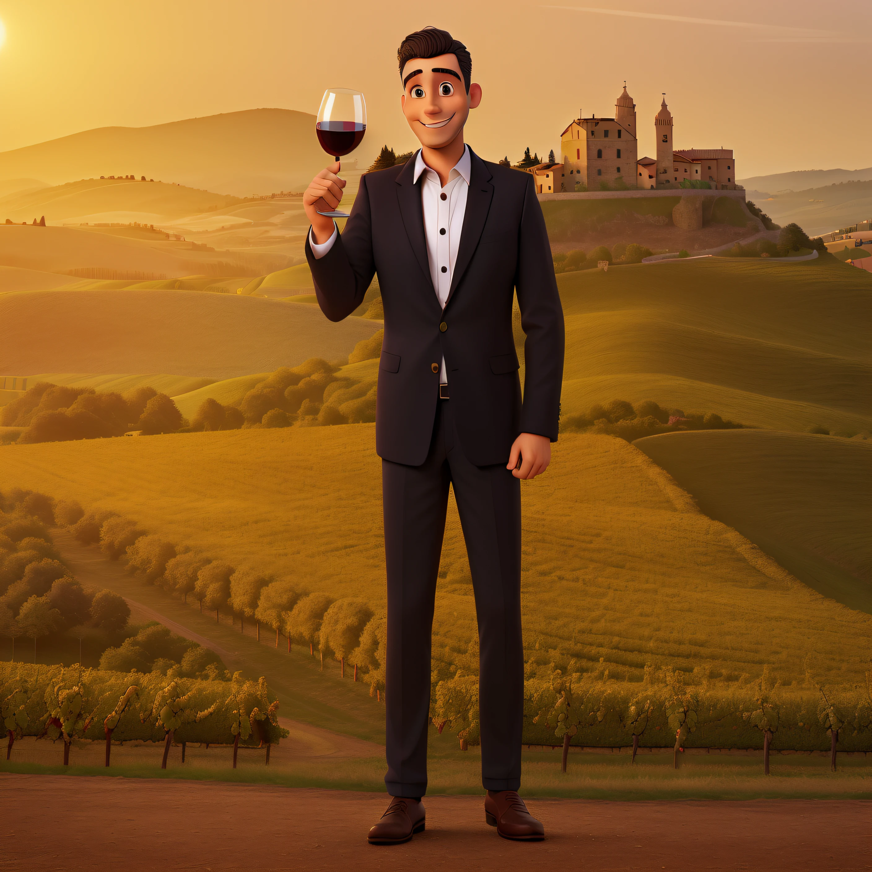 A full-length man, standing, in one hand a glass of wine, in the other, an Italian truffle, smiling with teeth visible, in the background of Italian Tuscany with the sun setting.