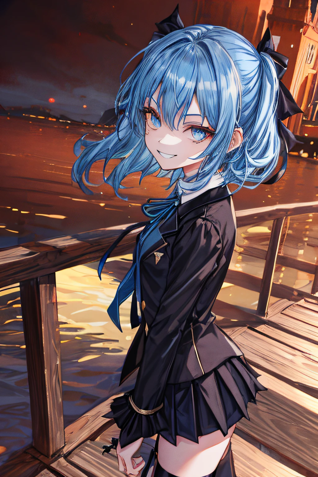 Adult woman standing on a wooden bridge,Blue hair,Eyes Like Gems,Adults,Petite,Cute Girl,Blue hair,Wavy Hair,Gothic uniform,Black clothes,Evil smile,Standing,Gothic Ribbon,Ribbon tie,Small breasts,Miniskirt,Gothic boots,Black thighs high,Dutch Angle,Slim body,From Side,(Dense and beautiful face and body),Evil smile,Dark blue hair,from side,