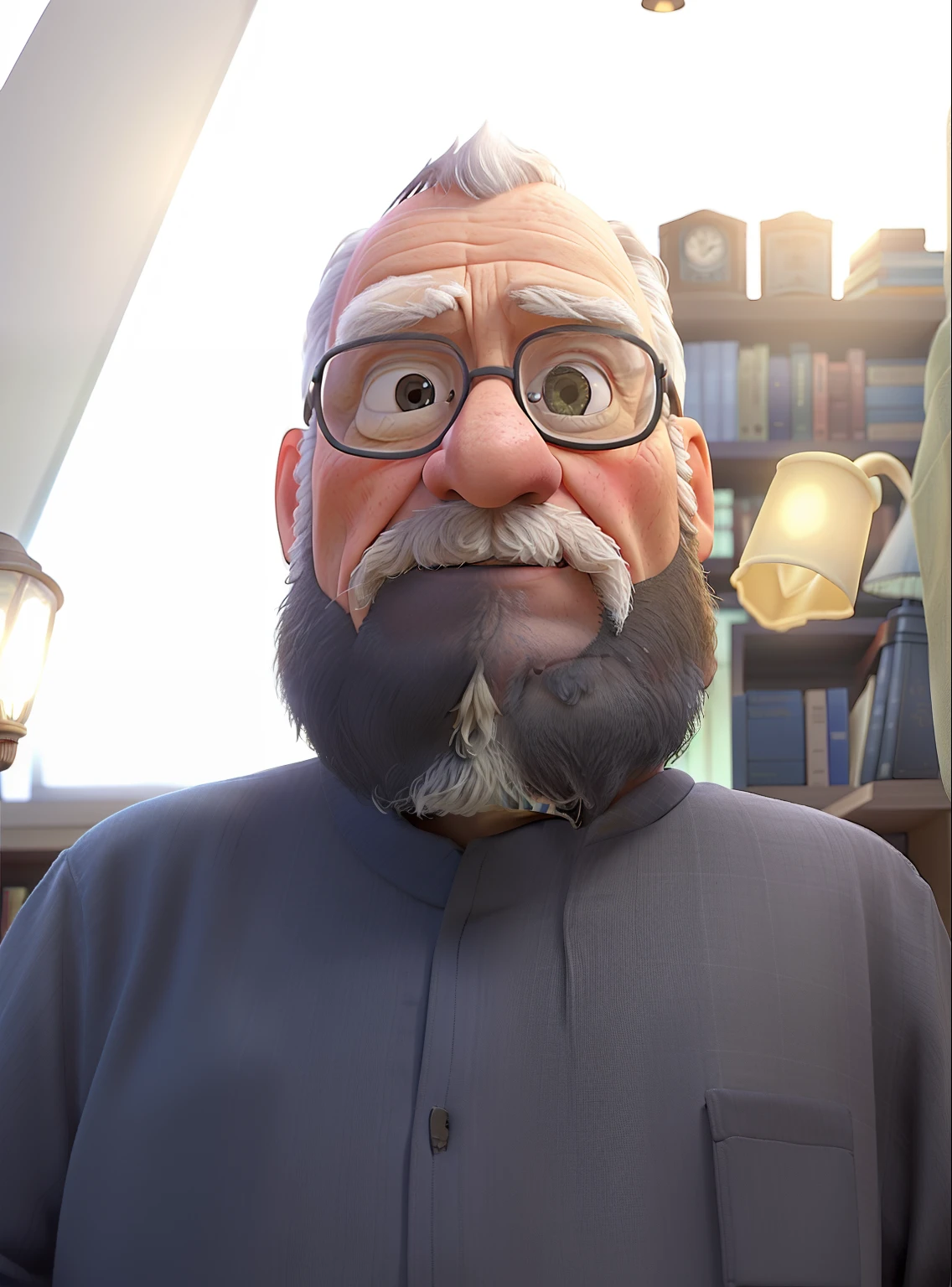A wise old man standing in front, illuminated by the light of a lamp, against the backdrop of a library