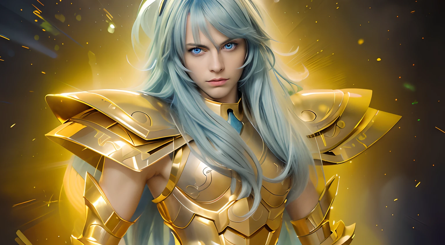 (masterpiece), (realistic) , close up portrait of a man, (male), 35 years old, Swedish, (1boy), solo, serious, looking at viewer, pretty handsome man, ((pretty big blue eyes)) (delicate face)), ((androgynous face)), (delicate lavender lips), wearing an medieval armor, (full body armor), (golden armor), (chrome gold armor), (detailed armor), (ornate armor), long straight ight blue hair, (hair blowing in wind), (hair bangs), upper body, cosmic golden rain background, cinematic lighting, ((beardless)) ((perfect big blue eyes)).