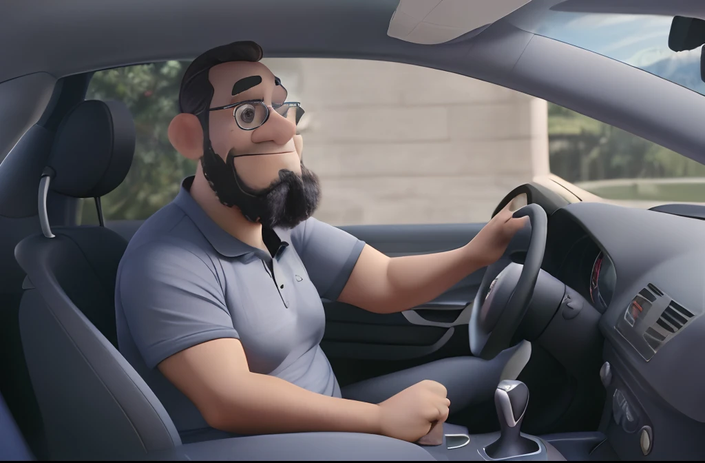 Crie um personagem ao estilo Disney Pixar de um homem gordinho de 50 anos de pele parda. Enfatize detalhes intrincados dos poros da pele, Facial features, black glasses, olhos negros, cabelos pretos, e (((cinza curto ser. He must wear a polo shirt and be depicted driving a car with his hands on the steering wheel. Pay close attention to the interior of the car, Maintaining a sharp focus on the character. Render the image in 4K resolution for the best quality.