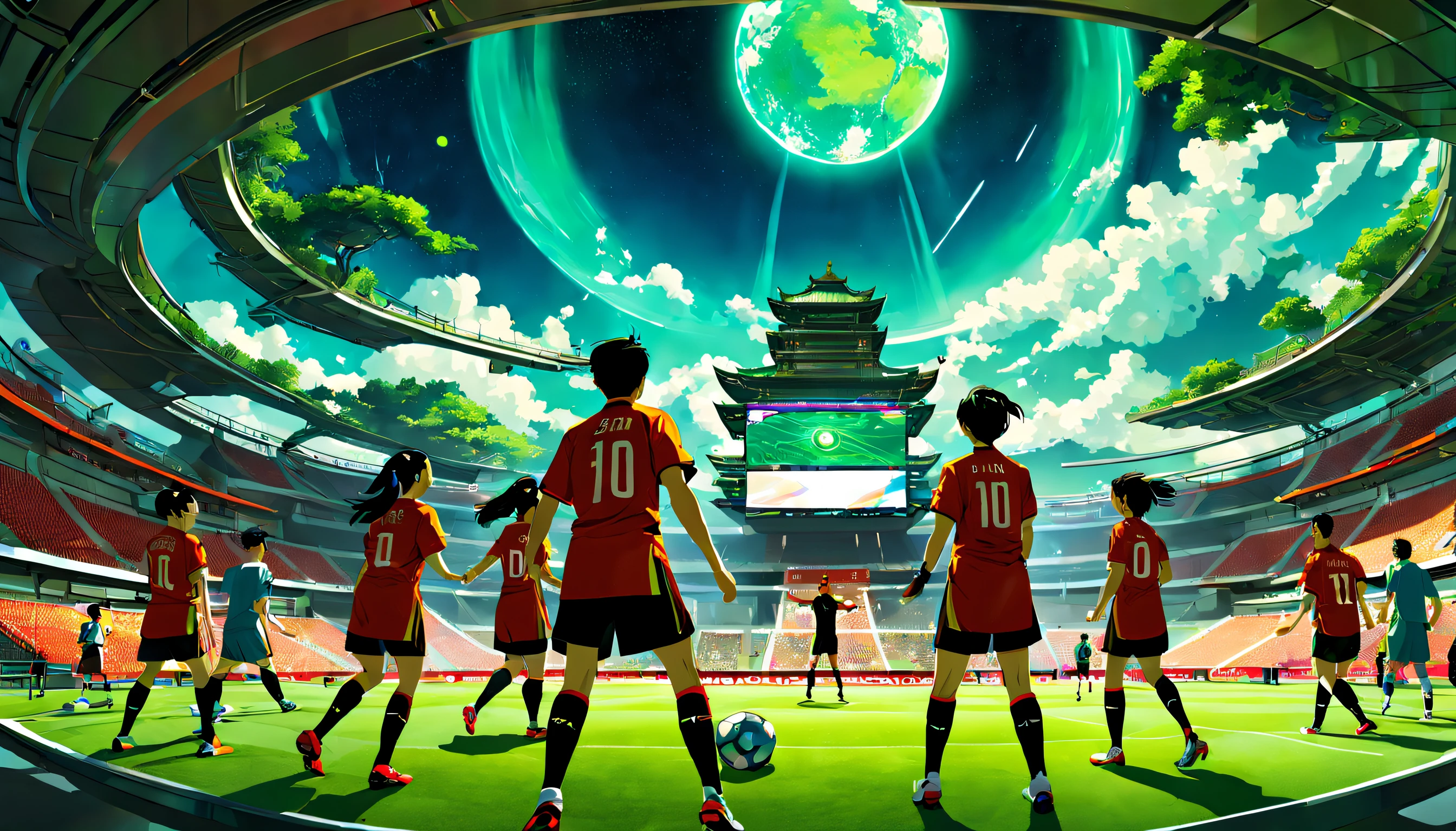 Niji - The scene takes place in a lush, vibrant landscape, where the combination of ancient and futuristic elements creates a unique, harmonious atmosphere. The colors used are rich and vivid, allowing the viewer to fully immerse themselves in this fascinating world. In the foreground, a group of skilled, diverse athletes from various time periods come together to engage in a thrilling game of cuju, an ancient Chinese soccer-like sport. They're dressed in a combination of traditional ancient Chinese clothing and futuristic sports gear, showcasing the best of both worlds. The game takes place on a high-tech, green, sustainable field with floating energy recharge platforms, interactive scoreboards, and advanced training equipment providing players with real-time feedback. The spectators are a blend of ancient and futuristic individuals, cheering the players on and celebrating the fusion of different eras. The final touch is a sky filled with celestial bodies, both familiar and fantastical, embodying the dreamlike quality of this ancient-future realm.