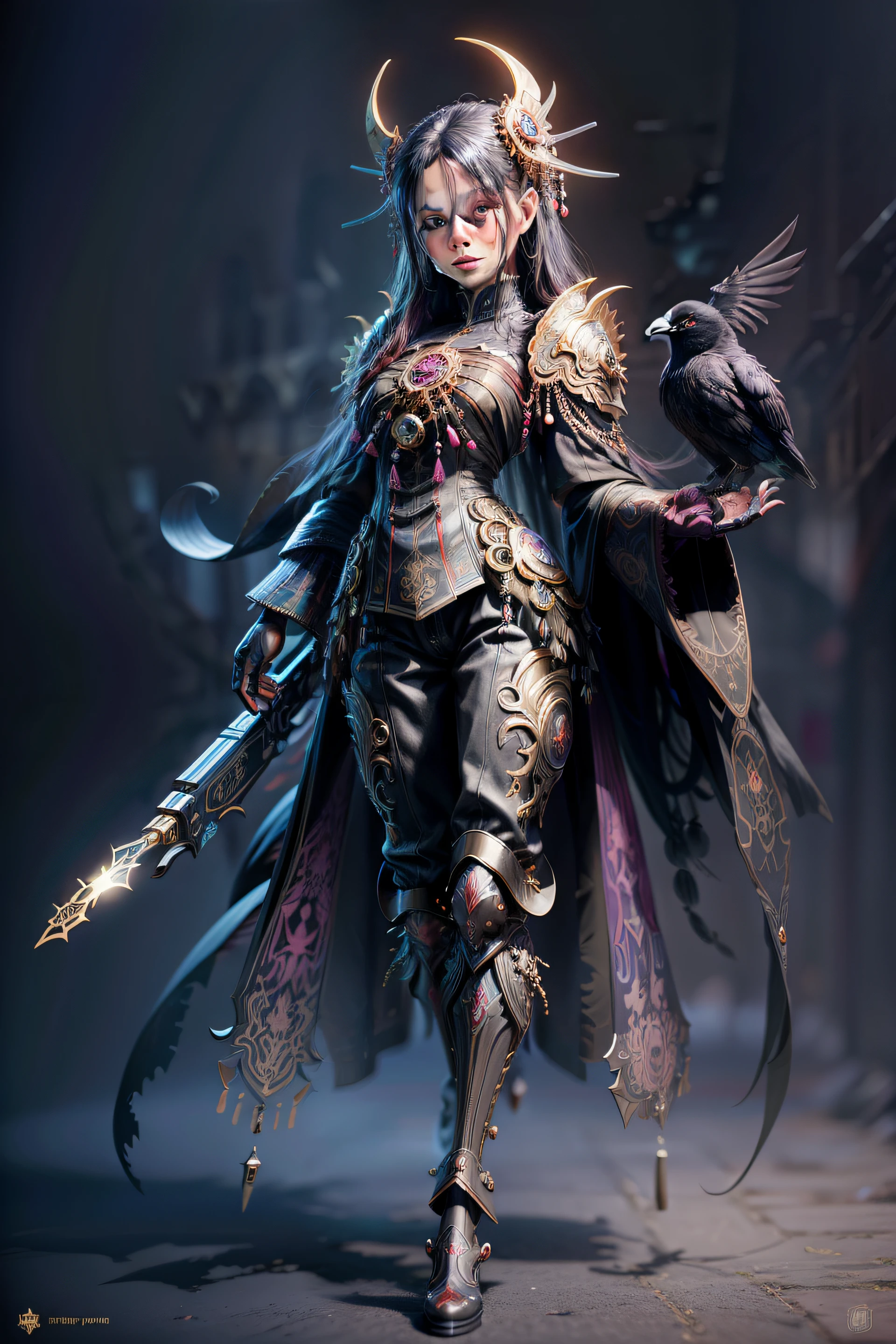 a colorful crow wearing a outsuit in gothic city by artgerm, h. r. giger and beksinski, highly detailed, vibrant, production cinematic character render, ultra high quality model, futuristicsteampunk machine, metal hands, little details, medieval style, RPG, 4k, hiperrealista. round metal body, long arms, strong, strong hands, medieval landscape, an extremely quirky, surreal, delightful image showing a heavily armed., sf, intricate artwork masterpiece, ominous, matte painting movie poster, golden ratio, trending on cgsociety, intricate, epic, trending on artstation, by artgerm, h. r. giger and beksinski, highly detailed, vibrant, production cinematic character render, ultra high quality model