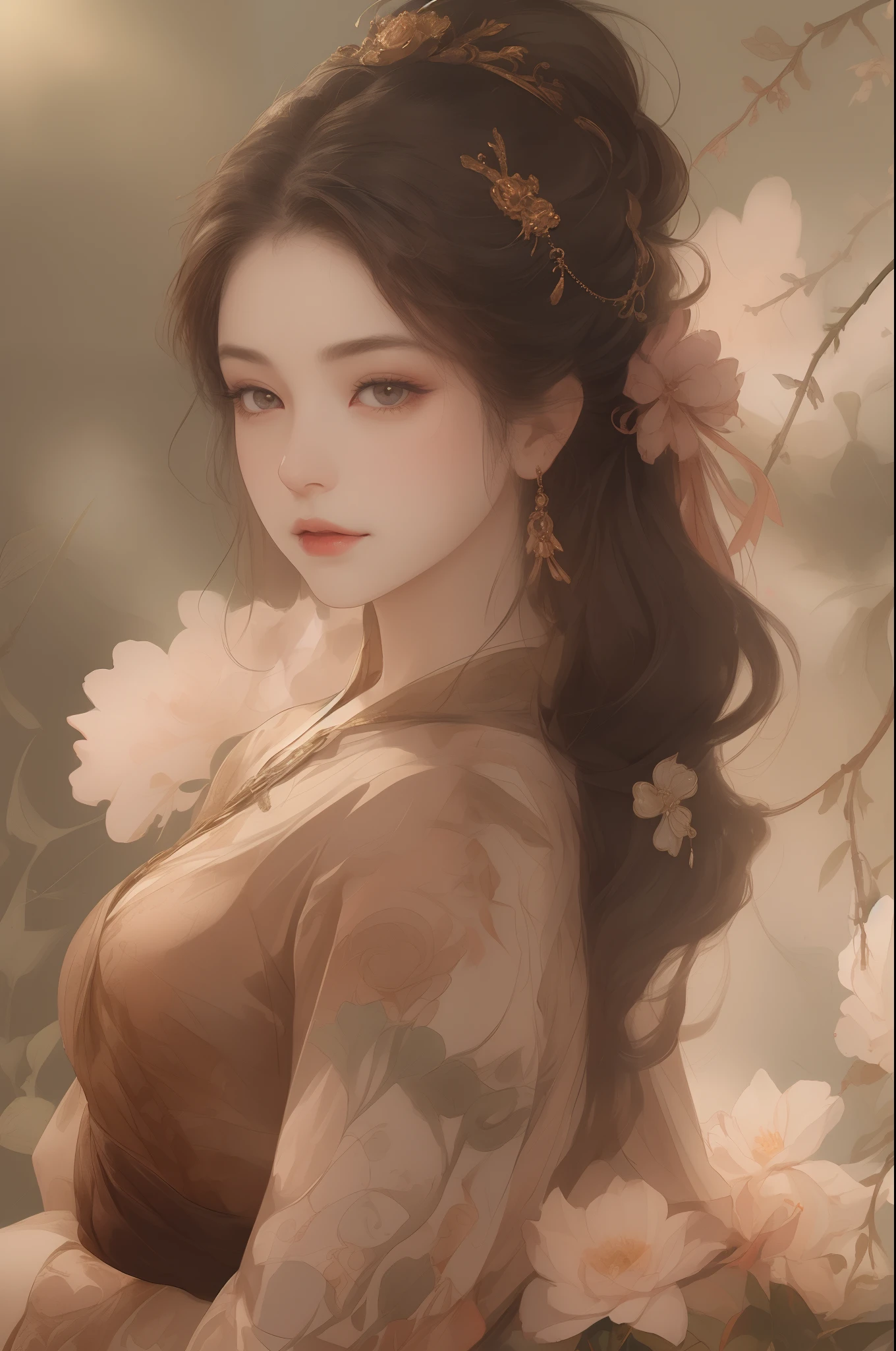 (best quality:1.2,masterpiece:1.2,highres,1girl,china dress,delicate hair accessories,floral ornaments,stunning necklace,exquisite jewelry,gently poised face,detailed body,bokeh effect,realistic coloring,studio lighting,duotone illumination,high-res skin texture:1.2,8K ultra high-definition,digital camera,soft lighting,professional rendering,volumetric lighting,sincere expression,portraits,highres,4K,blurred background)