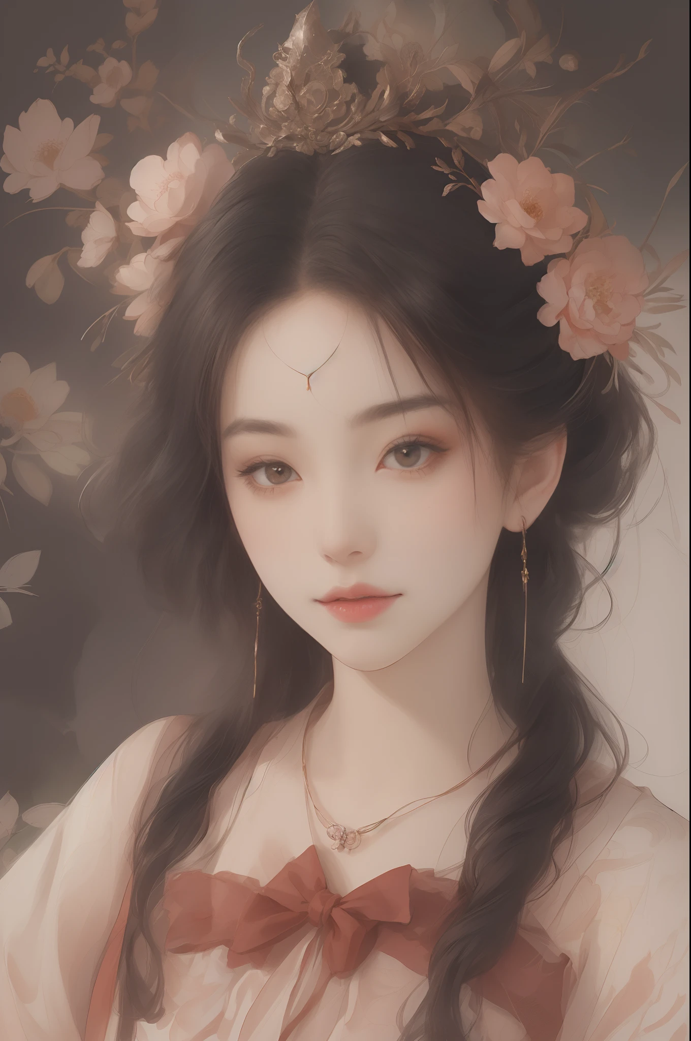 (best quality:1.2,masterpiece:1.2,highres,1girl,china dress,delicate hair accessories,floral ornaments,stunning necklace,exquisite jewelry,gently poised face,detailed body,bokeh effect,realistic coloring,studio lighting,duotone illumination,high-res skin texture:1.2,8K ultra high-definition,digital camera,soft lighting,professional rendering,volumetric lighting,sincere expression,portraits,highres,4K,blurred background)