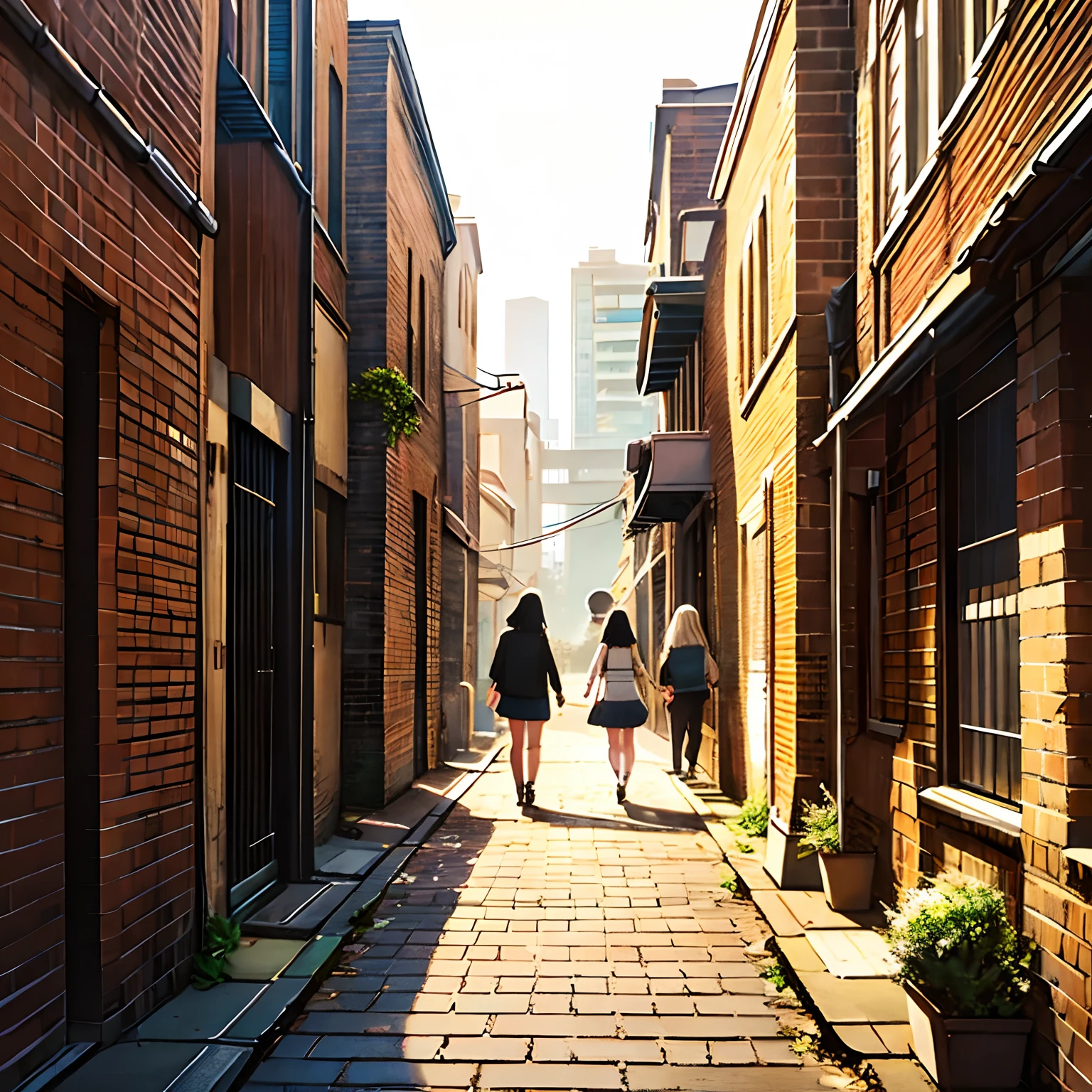 Walk side by side、two people、Trip、Brick cityscape、retro vibes、illustratio、alleyway、The arrival of autumn