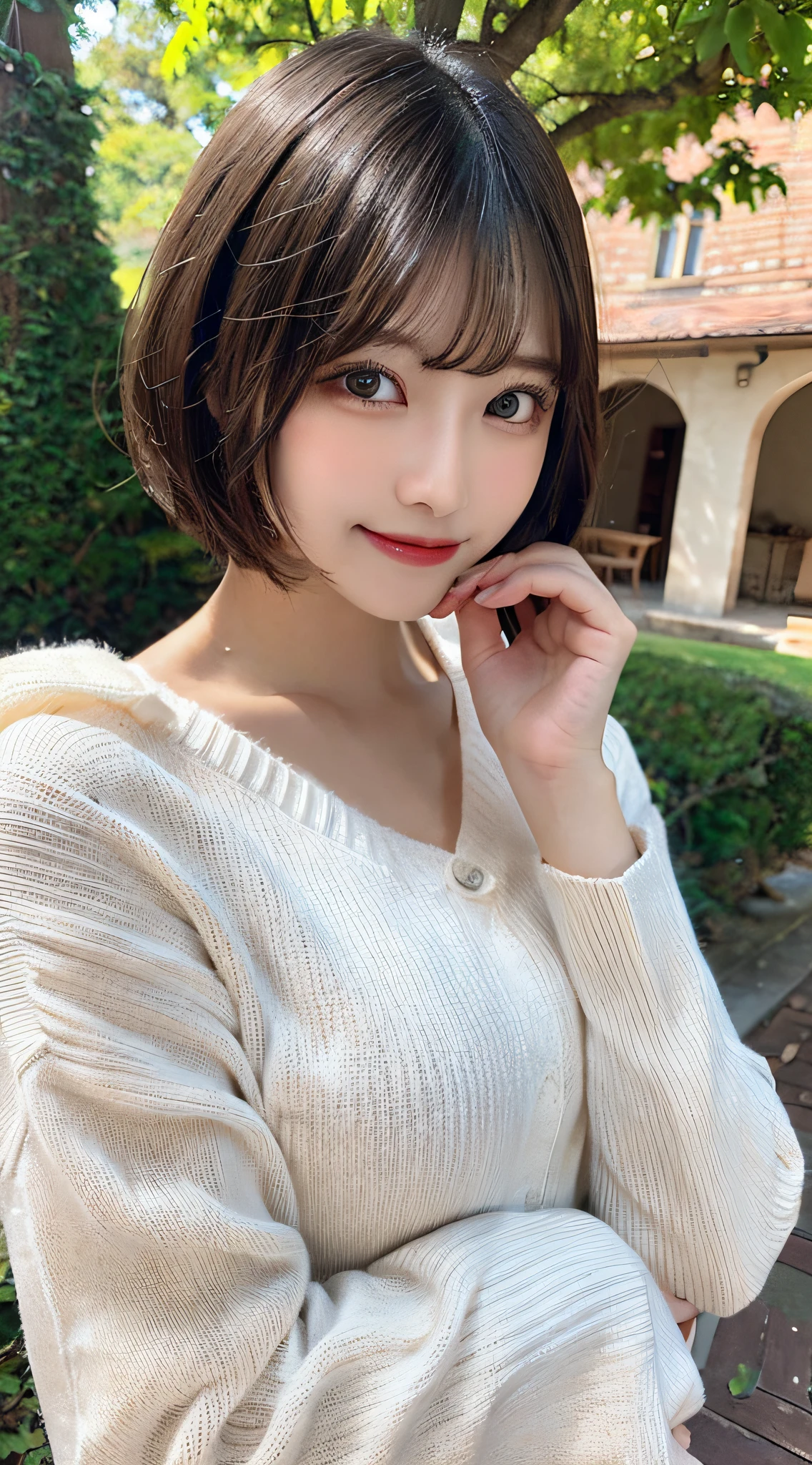 masutepiece, Best Quality, Real Stick, Ultra-detailed, finely detail, hight resolution, in 8K、Wallpaper, Perfect dynamic composition, Beautiful detailed eyes, White sweater,Bob Hair,short-hair、Bangs、A dark-haired、mid-chest, Natural Color Lip, Random and sexy poses,Smile,Tower Mansion