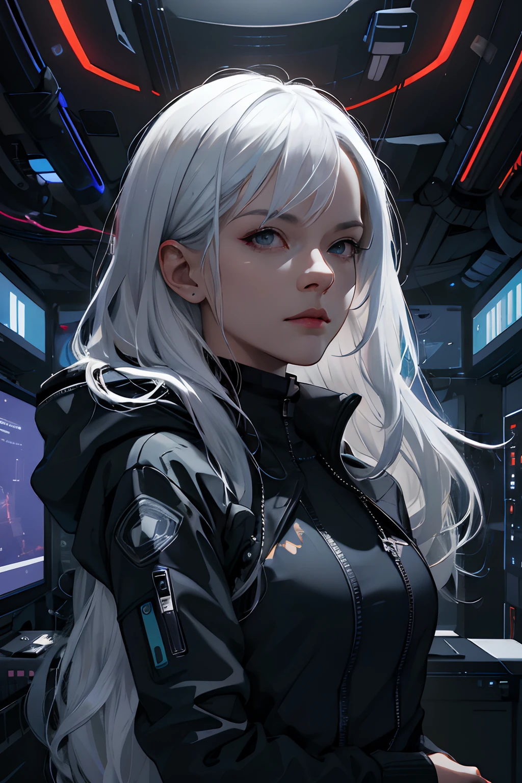(Absurd, highres, ultra-detail), 1woman, mature female, aged up, Long wavy hair, White Hair, Black eyes, bangs, long sleeve, Finely detailed eyes and detailed face, extremely detailed cg unity 8k wallpaper, intricate detailed, portrait, looking at the audience, bara, (Full body:0.6), detailed background, detailed face, (Matrix Theme:1.1) Evil high-tech futuristic hacker, advanced technology, hoodie, techwear, Wearables, Key card access, line, head-up display, Blue (Holographic display:1.05), Granted access rights, Cybersecurity, Server room in the background, Orange Light, The atmosphere is terrifying, dark., , portrait, Whirlwind