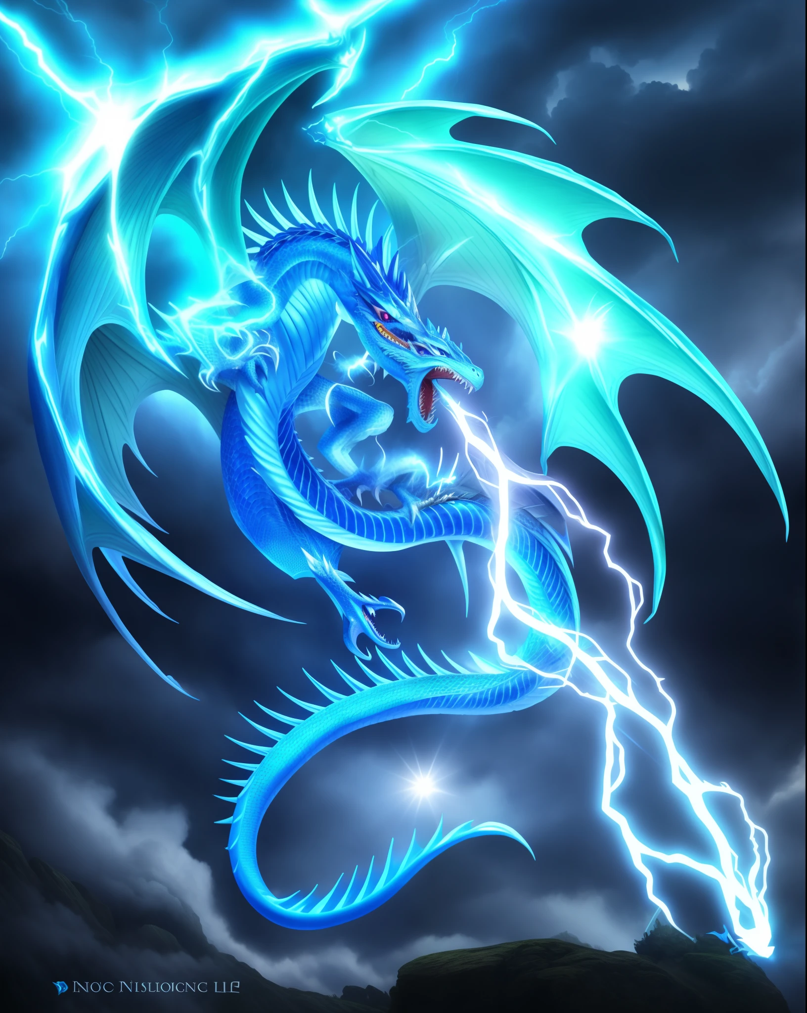 a close up of a dragon with a lightning bolt coming out of its mouth, lightning dragons attack, storm dragon, charging through a dragons lair, blue dragon, blue scaled dragon, epic dragon, frost dragon, a baddass dragon, draconic, legendary dragon, lightning fantasy magic, a cute little blue dragon, blue eyes white dragon