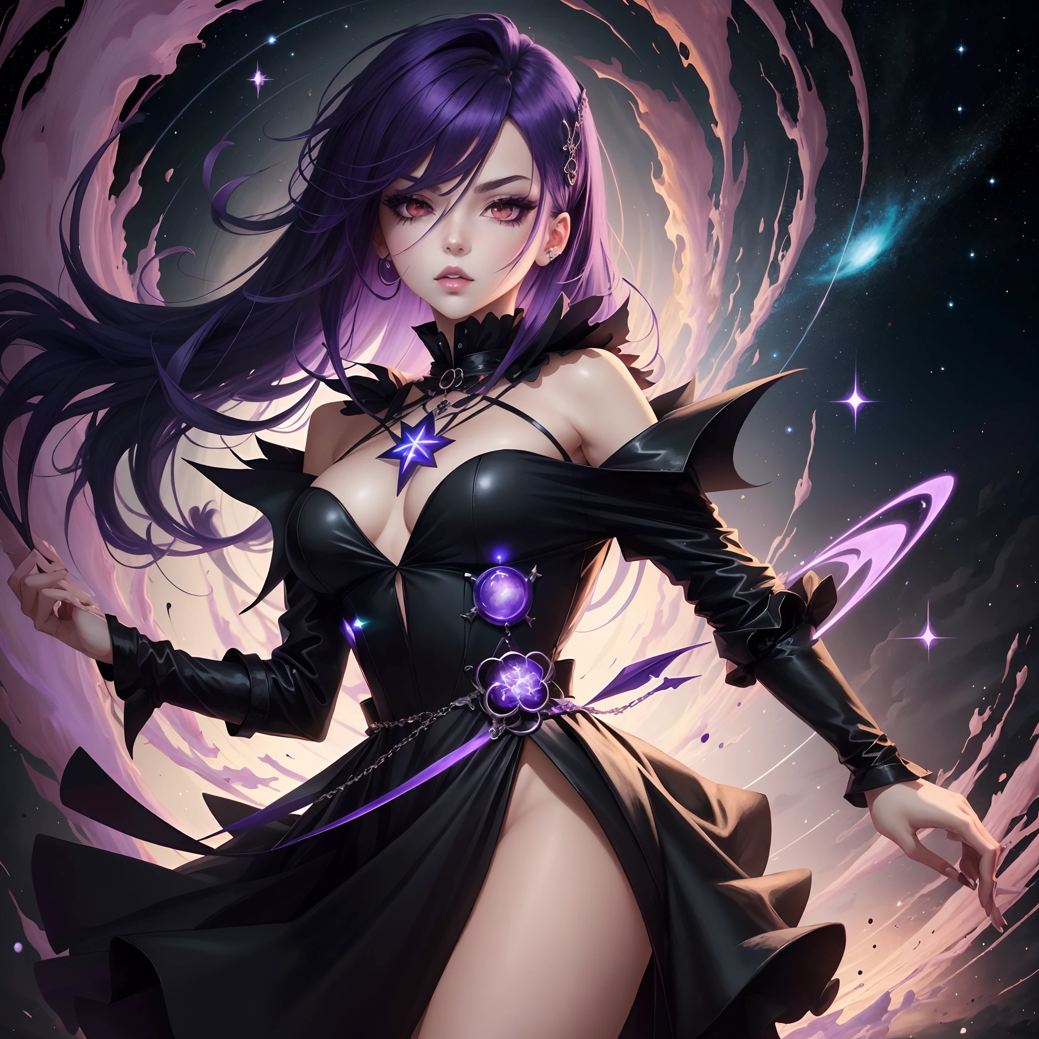 a cartoon image of a woman in a black dress with purple hair, arcane art style, painted in the style arcane, astral witch clothes, portrait anime space cadet girl, dark aura, gothic maiden anime girl, dark witch character, unknown artstyle, anime stylized, anime art style, anime artstyle, darkness aura, fashionable dark witch, cyber universe style