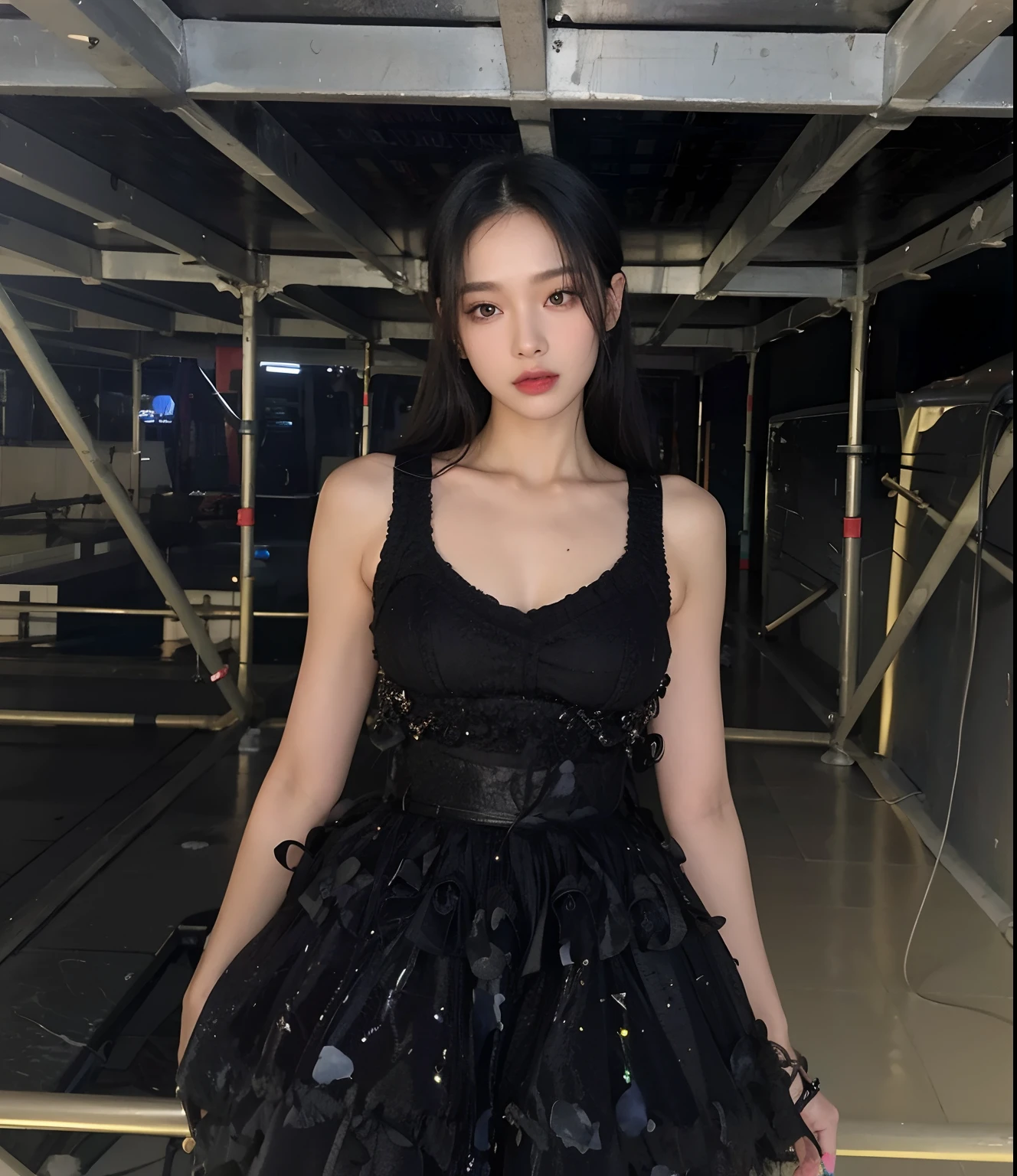 arafed woman in a black dress standing on a metal platform, blackpink jennie, jossi of blackpink, she is wearing a black dress, heonhwa choe, roseanne park of blackpink, gongbi, portrait of jossi of blackpink, jisoo of blackpink, seseon yoon, kimi takemura, jisoo from blackpink, kiko mizuhara