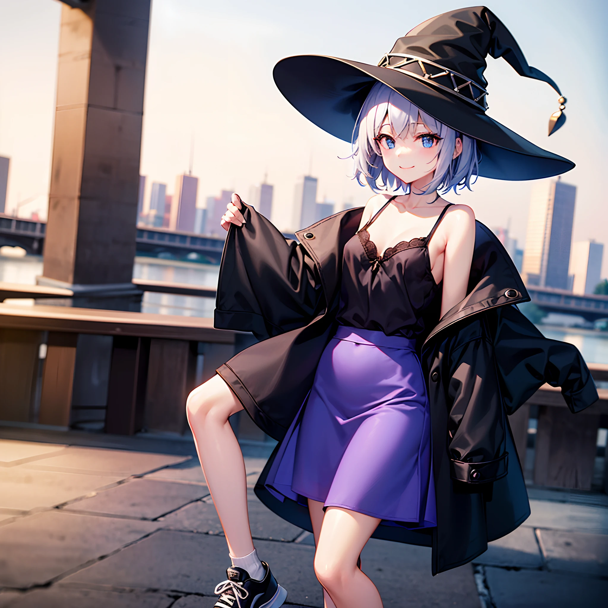 This is a park on the Sumida River in the middle of the night、One 27-year-old woman with small breasts、She wears a large black witch hat with sapphire accessories、White medium shorthair with blue-purple mesh、Looking at me with a smile、Blue eyes with highlights、Black long coat、White camisole、Black Midi Skirt、Black sneakers with white shoelaces、small tits、discreet breasts、hiquality、High Details、high-level image quality、4K picture quality、beatiful backgrounds