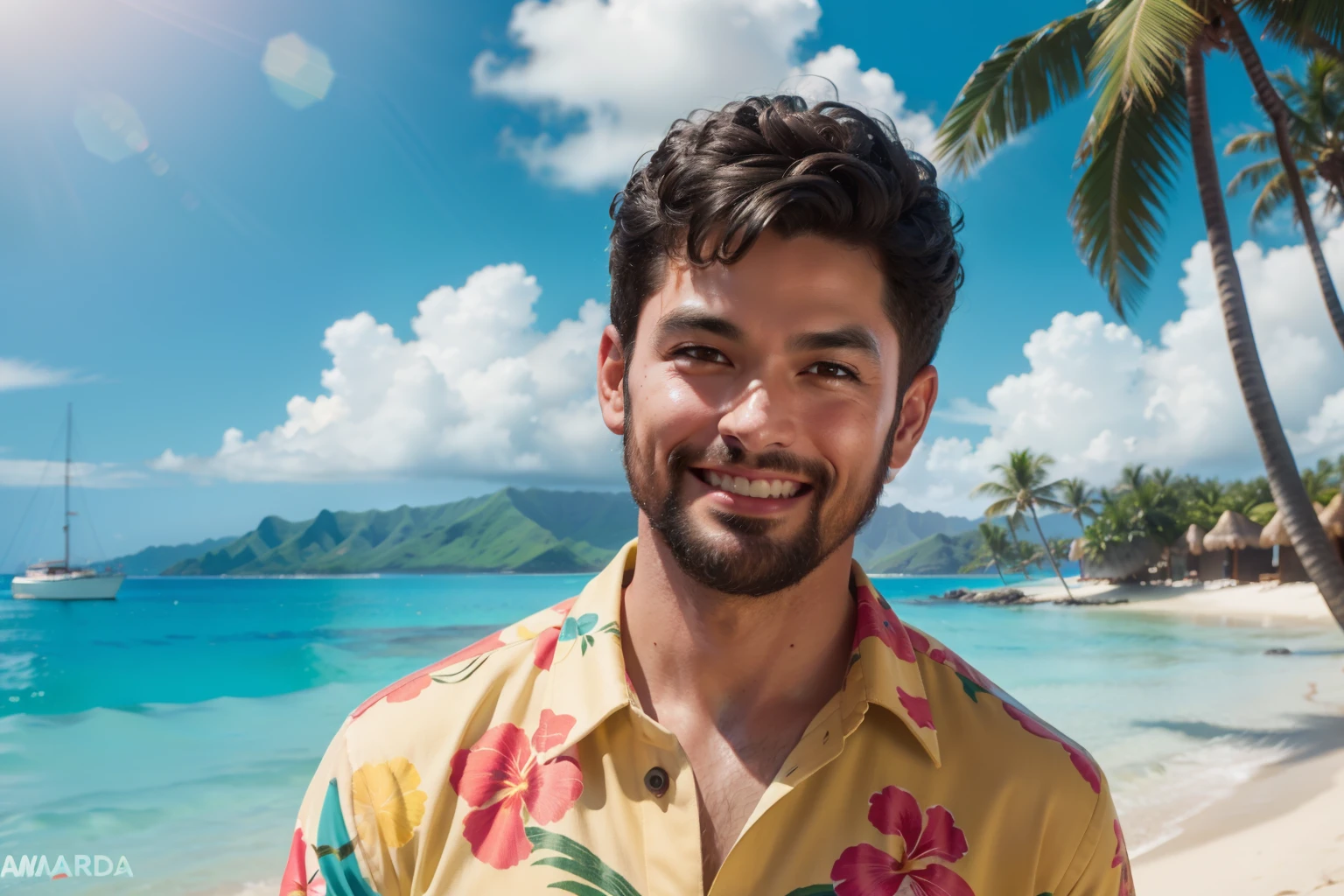 a short-haired man, .RAW, UHD, 8k, Looking at camera, em um iate no mar, vacation photo, island paradise, colorful hawaiian shirt button up, candid, amador, natural lighting, dia perfeito, [sorridente]