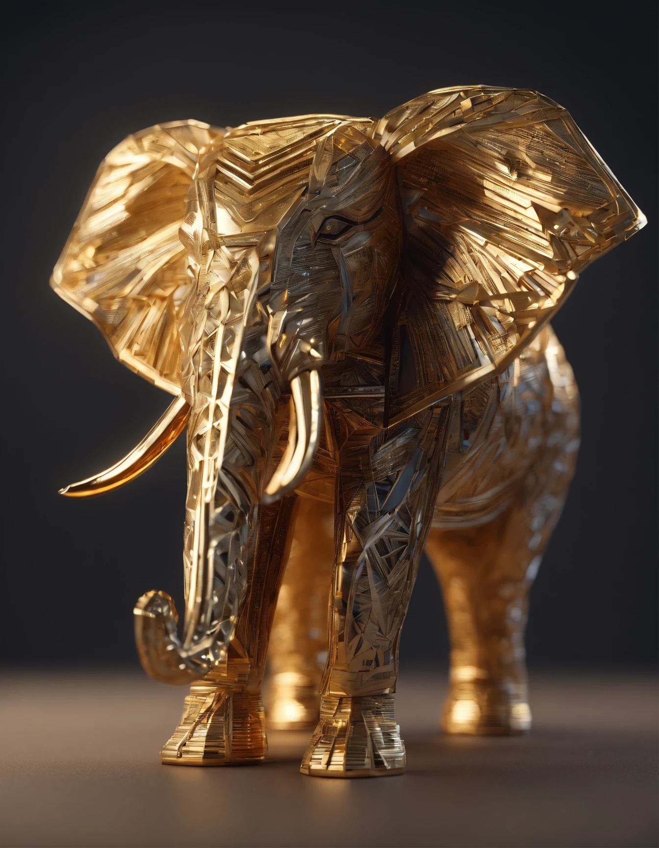 Intricate elephant made of paper origomi, hammered metal atyle, cinematic light, golden particles, shallow depth of field, dark theme, black background
