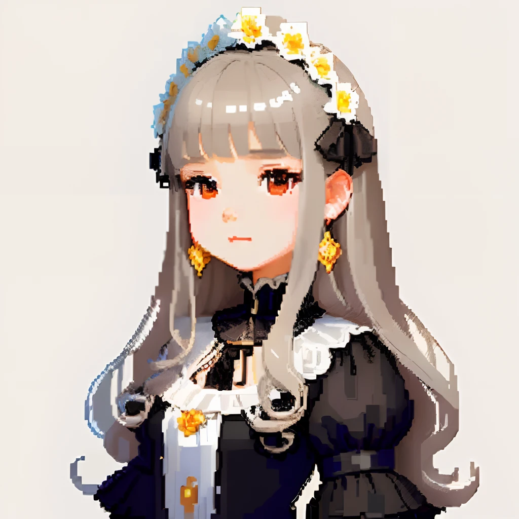 She was dressed like an ornate jewel,large earring、Lots of flowers、 Gothic White、Colorful Floral Decoration Costume、Girl with dull grey long S-shaped curls、Look back and look at this.、Pixel art、Pixel Art Illustration、pixels、Plain background、Upper body、For icons、pixels_Art Book,Composition centered on the face、Black lily flower headdress、Katyusha、pixels、Game-style illustration、Pixel art、pixels、without background、The background is one color beige、pixels、Large anemone flower ornament、Loose fluffy、White background、Lolita Fashion、simple background、A girl about 16 years old、Beautiful eyes like jewels、pixels、pixels