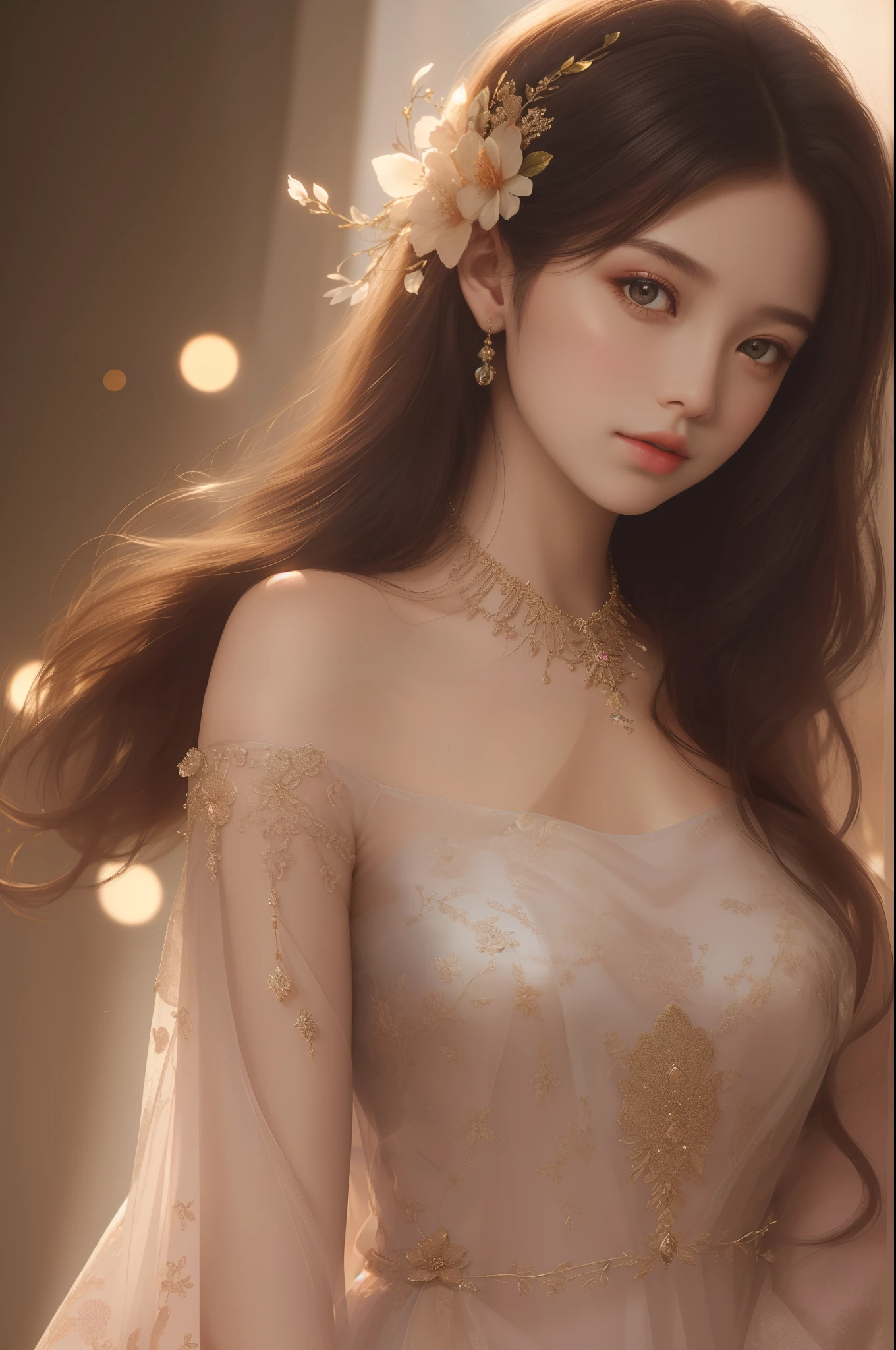 (Best quality:1.2,Masterpiece:1.2,A high resolution,1girll,china dress,Delicate hair accessories,flower ornament,Stunning necklace,Exquisite jewelry,Gentle face,Detailed body,Bokeh effect,Realistic Shading,Studio lighting,twotonelighting,High-resolution skin texture:1.2,8k ultra high definition,digital camera,Soft lighting,professional render,voluminetric lighting,Sincere expression,sportrait,A high resolution,4K,Blurred background)