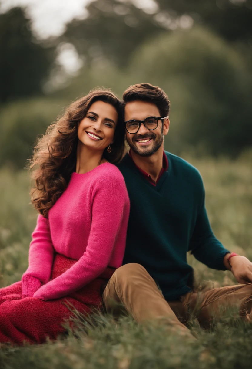 A imagem apresenta um casal mais velho posando para uma foto juntos. The man is wearing glasses and a red sweater, While the woman is wearing a pink shirt. They're close to each other, With man's arm around woman's shoulder. O casal parece estar aproveitando seu tempo juntos, possibly attending a social event or meeting. foto estilo pixar