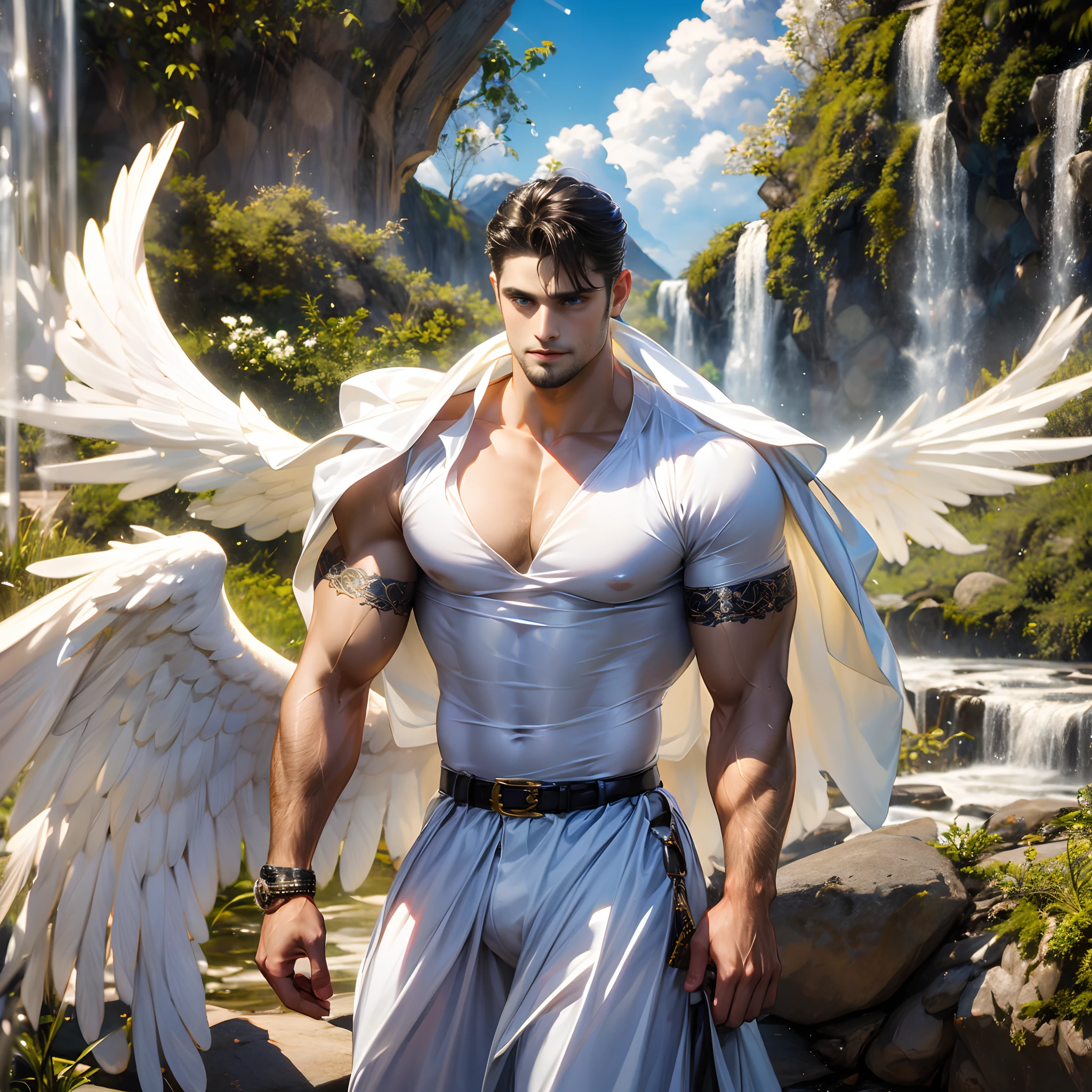 1 character lonely, young handsome, LatinLover OC, mulatto skin, attractive feature, skin tone tan, dark blue eyes, friendly expression, big white wings coming out of his back, 1 wings of angel, physical fitness, man long haircut medium, black brown hairstyle, small beard, casual clothing, white outfit, anatomically correct, full body tattoo, environment: Magic fantasy green forest