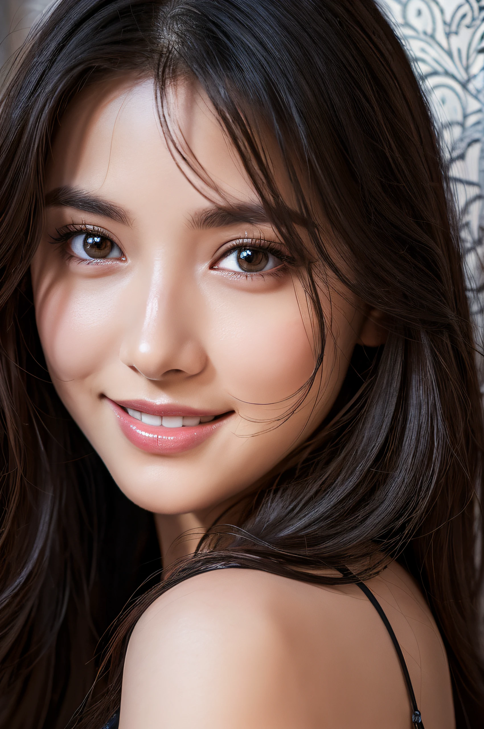 (Ultra Realistic), (Illustration), (High Resolution), (8K), (Very Detailed), (Best Illustration), (Beautiful and Detailed Eyes), (Best Quality), (Ultra Detailed), (Masterpiece), (Wallpaper), (Detailed Face), Solo, One Girl, Big, Watching Viewer, Fine Details, Detailed Face, In the Dark, Deep Shadows, Low Key, Happy Smile, Long Hair, Black Shawl Straight Hair, Bangs, whitish complex dress,