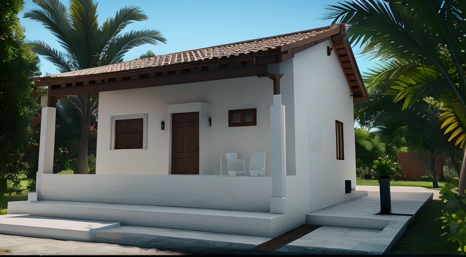 There is a small white house with a brown roof and a brown door, renderizado no lumion pro, lumion rendering, renderizado em lumion, clean render, renderizar 3 d, [ Fotorrealismo 4K ], professional render, semi-realistic rendering, renderizado em corona, estilo fotorrealista, high detail render, estilo fotorrealista, corona render