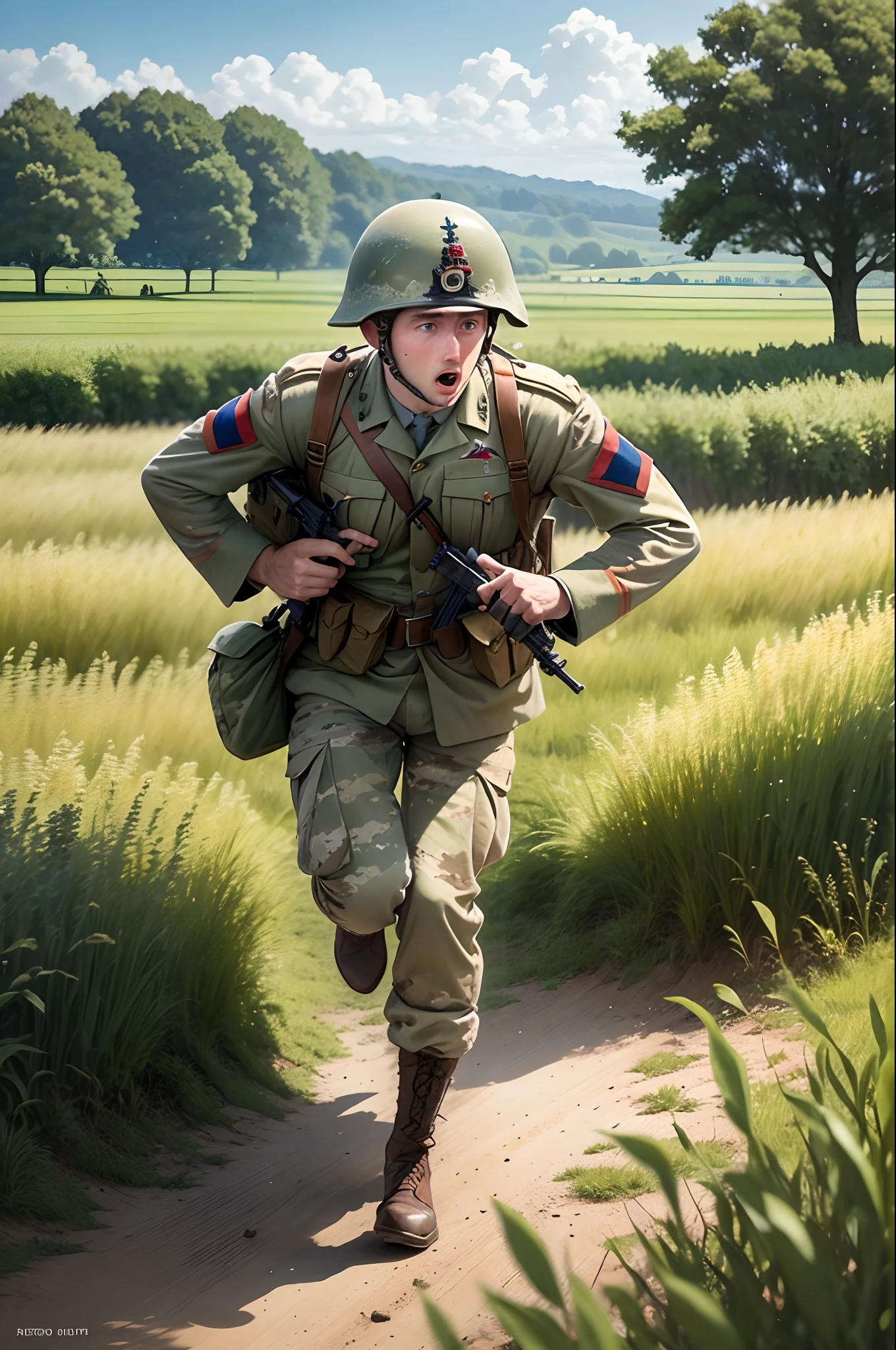 A British soldier in ww2 charging into the field of battle