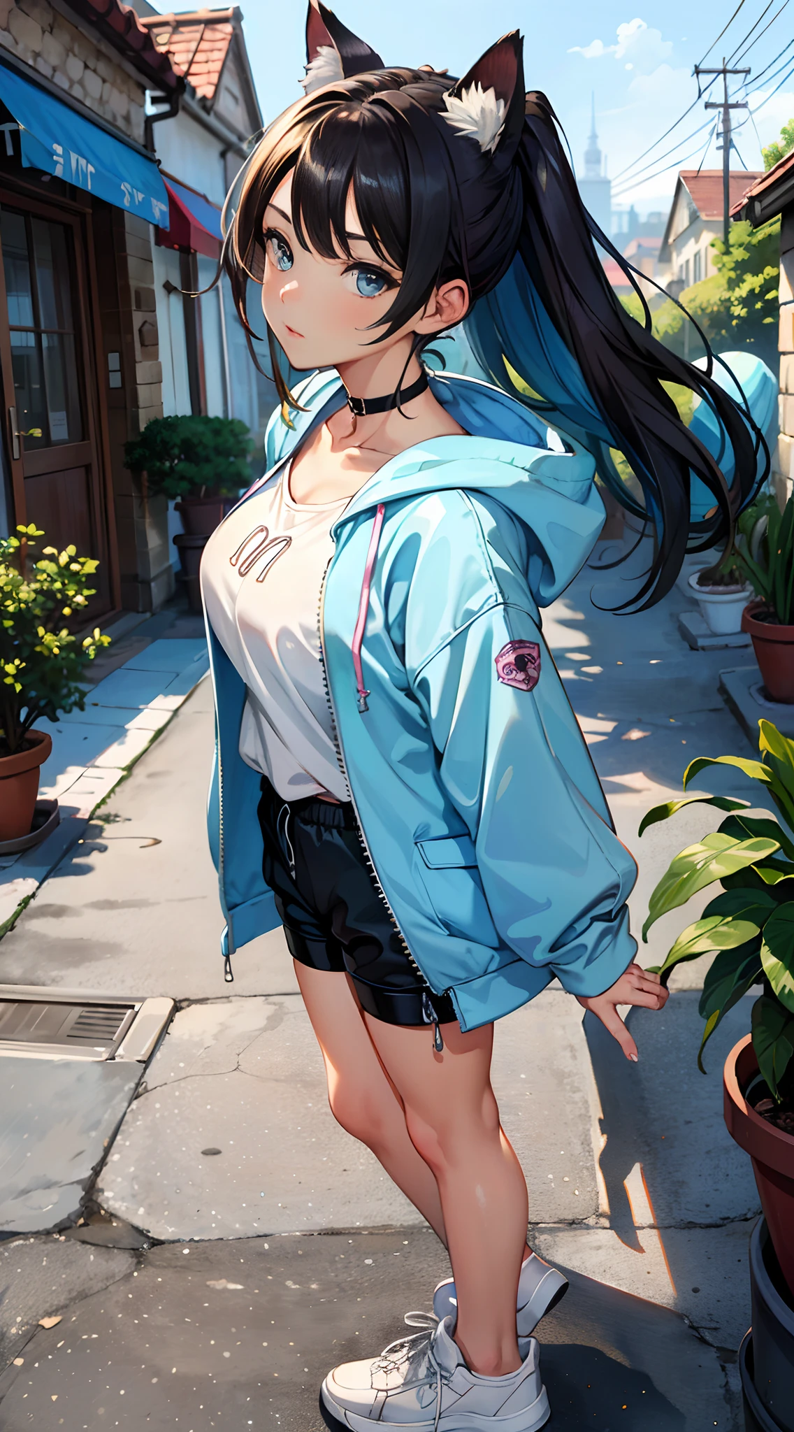 (watercolor paiting:1.3), (masutepiece:1.3), (Best Quality:1.3), K,
BREAK,
girl with, (17irl), Very detailed, colourfull, highest details, BREAK, (Huge breasts: 1. 2,), Clear skin, Beautiful skin, Shy skin, 1 beautiful girl, Brown hair, (Cat ears, Ponytail, medium-Long hair: 1. 2), (Light blue eyes, long eyelashes, Double eyelids: 1. 2),Solo,gleaming skin, Clear skin, Beautiful skin(best quality face),(Top quality glowing eyes), BREAK (Transparency Theme:1.4), (Vivid colors:1.3), (oversized hoodie,with floral pattern:1.2), (biker shorts:1.25), (sneakers:1.22)
BREAK,(early evening),Walking,a closed mouth,(architecture, building, Choker, city, Cityscape, Outdoors, potted plant,Street, Town:1.55), Waterfall,depth of fields,
BREAK,wakame,wakame,wakame,(Dynamic Angle:1.4),
BREAK,(Blurry background:1.3),(absurderes, hight resolution, Super Detail Art),cel shading,Clear Color, Lonely optical effect, Beautiful pictures, Bright glow, mystic atmosphere,(Close-up of girl:1.1), Mystical light particle effect,manga influence, clean line drawings,