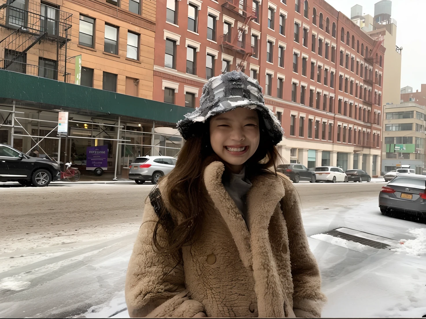Arafed woman in a furry coat and hat standing on a snowy street, jennie blackpink, foto de perfil, Pokimane, vestindo um pescador 🧥, frio como gelo! 🧊, Em Nova Iorque, jossi do blackpink, Bae Suzy, gemma chen, Parque Roseanne do Blackpink, Em Nova Iorque, Nyc, (Nova York nevada no fundo)