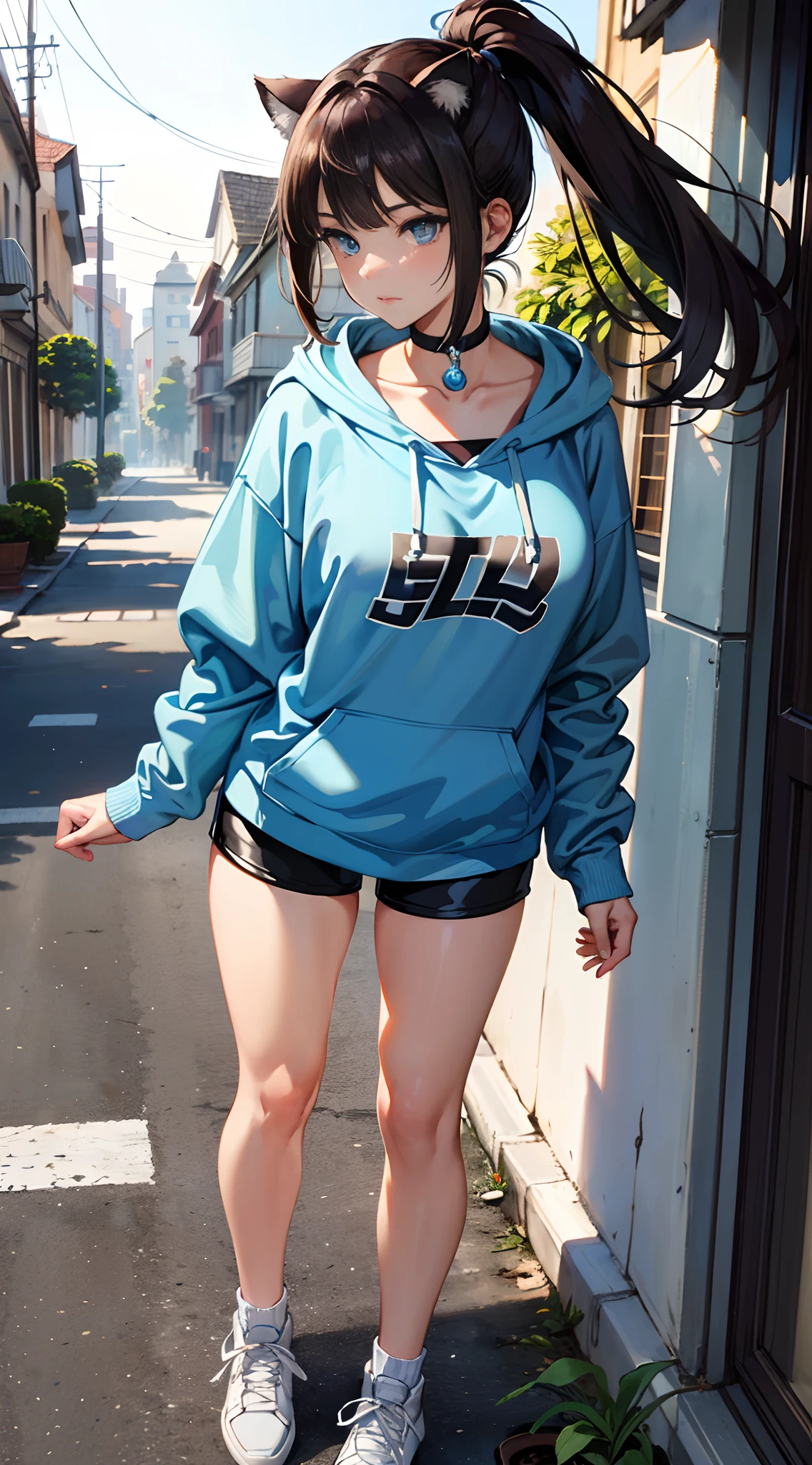 (hands in pockets),Blue one-piece swimsuit,Black hoodie,Expressionless,Medium chest,Purple eyes,Silver Hair,short hair,(1 Girl),master piece , best quality,(high resolution),rooftop,City,skyscraper