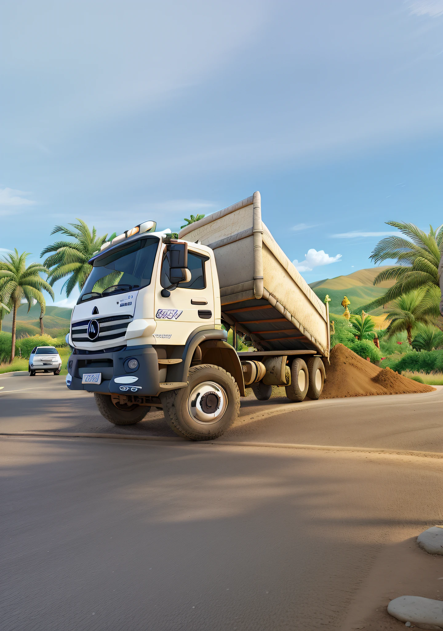 Criar cartaz estilo Disney. White Mercedez Benz truck unloading dirt in the middle of a paved road with yellow stripe in the middle. In the background palm trees and hill with green vegetation. Blue sky with clouds. Alta qualidade. Melhor qualidade