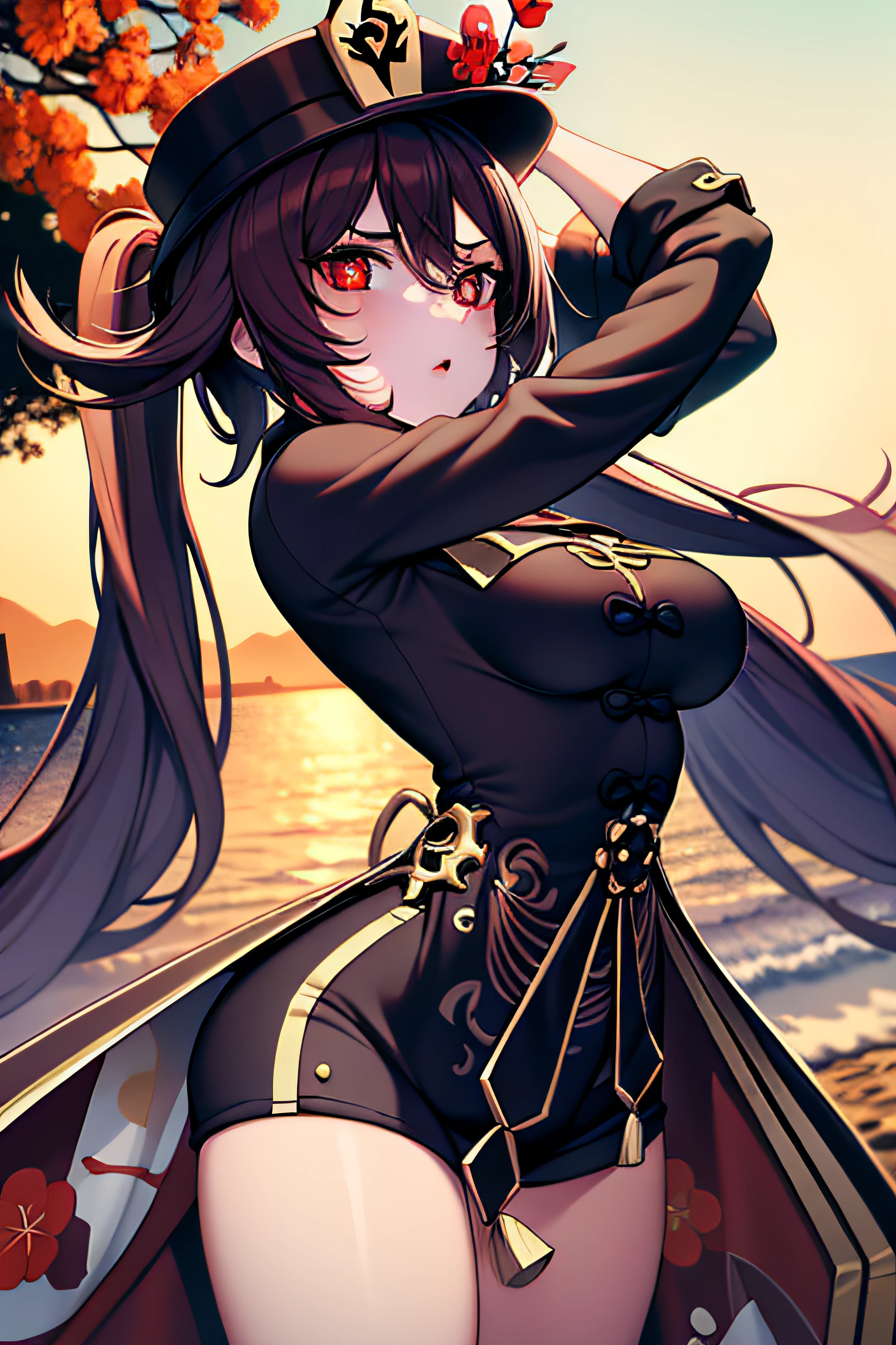 2d, masterpiece, best qualtiy, anime big breast, highly detailed eye, Highly detailed face, highly detailed back ground, perfect litthing, cowboy lens, 1girll, 独奏, standing on your feet, beachside,small boob,hu tao\(genshin impact\), pupils in symbol shapes, flower shaped pupils, Hats, red flower, red eyes, SakuraNS,oily skin , vivid colors