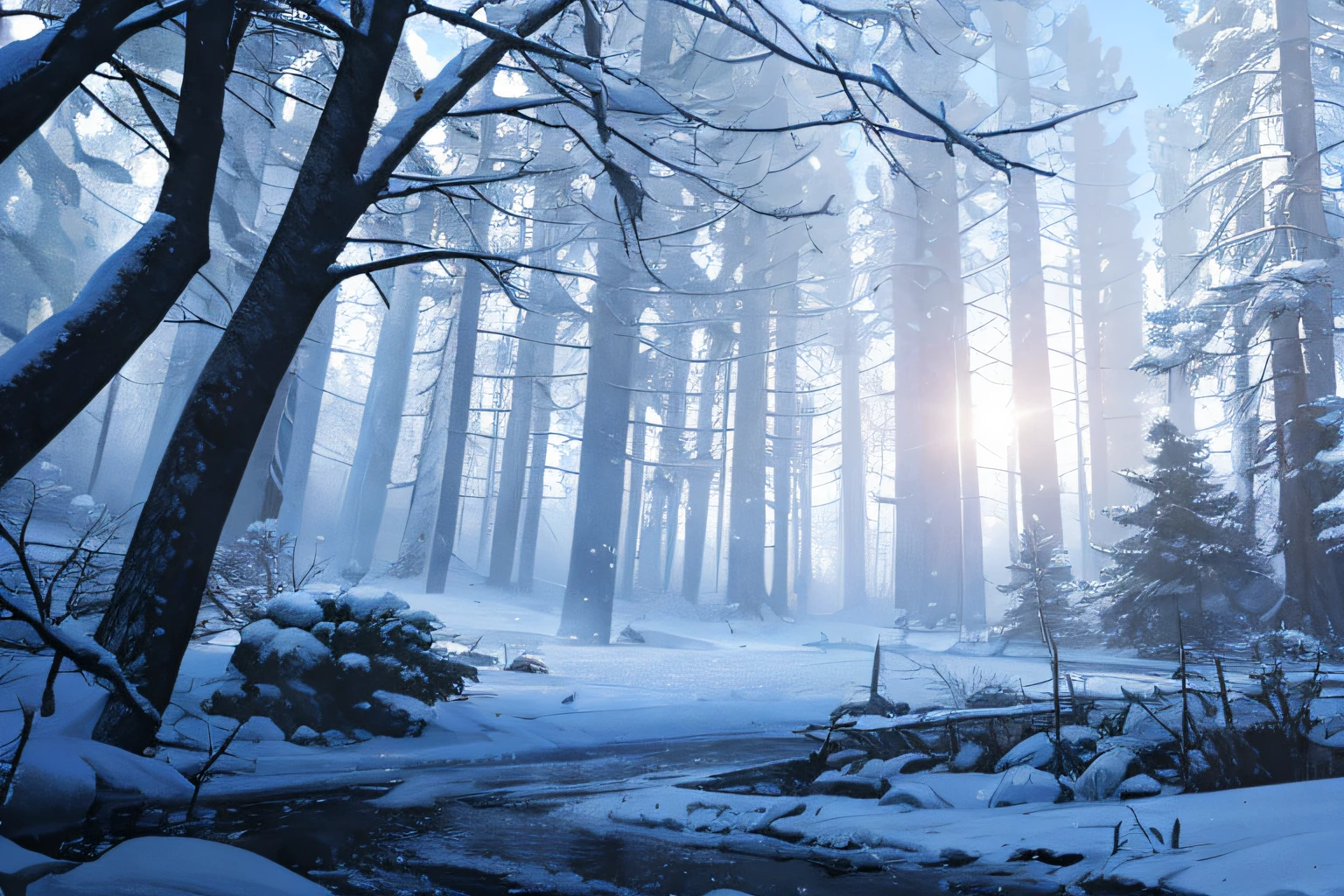 (Best quality), (Masterpiece), (Photorealistic), (Realistic), ultra - detailed, Unity 8k wallpaper, highly detailed CG, Ray traching, Sharp shadows, Great detail, Depth of field, Super detailed background, In the snowy forest, Rime ice covered the branches,The sun shines through the mist,Realistic and mysterious scenes