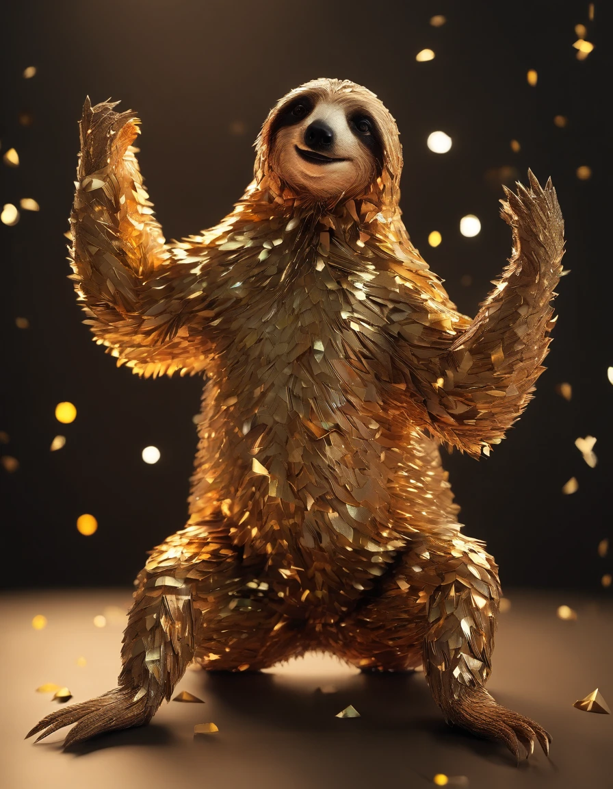 Intricate sloth made of paper origomi, hammered metal atyle, cinematic light, golden particles, shallow depth of field, dark theme, black background