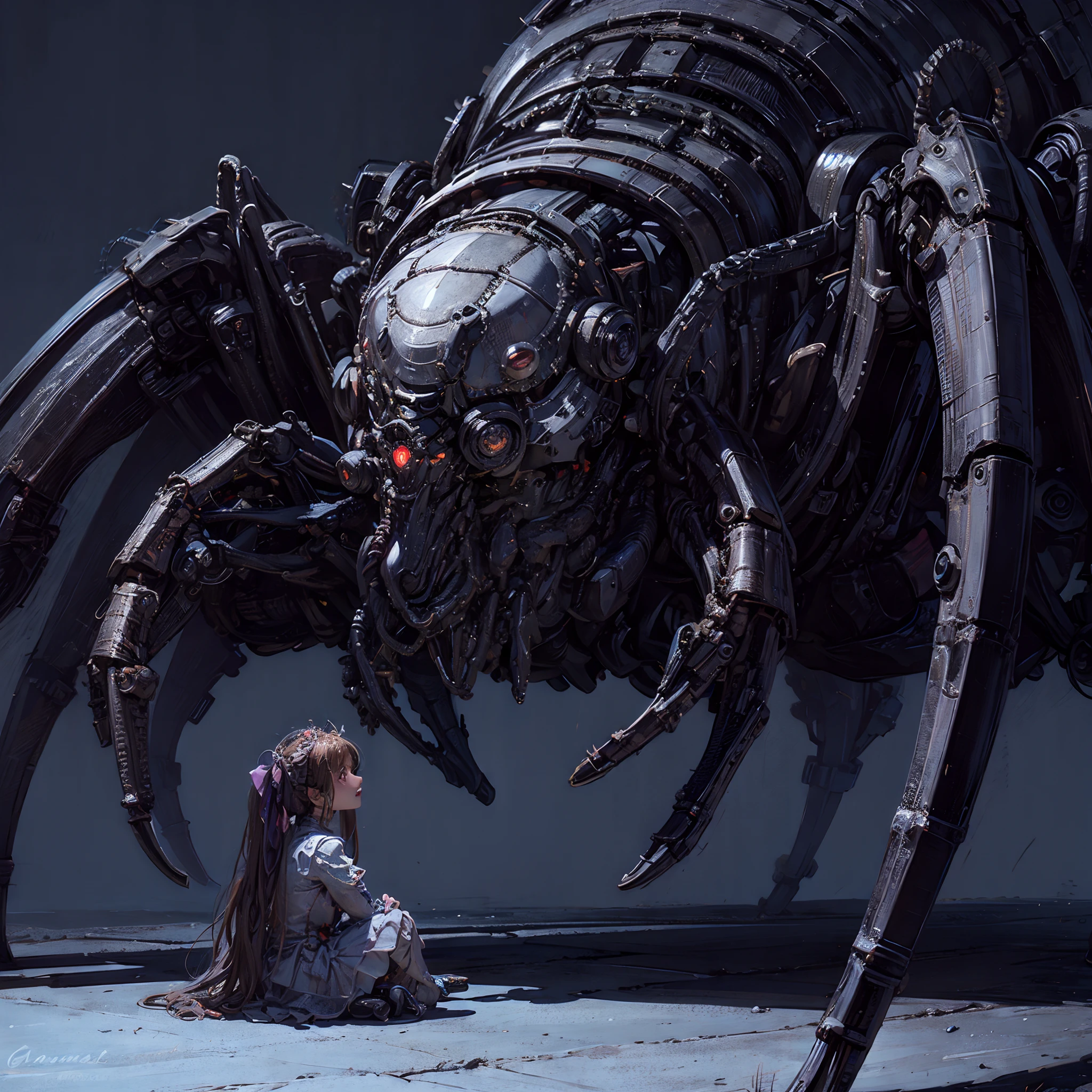 girl and monster. A mechanical spider monster.