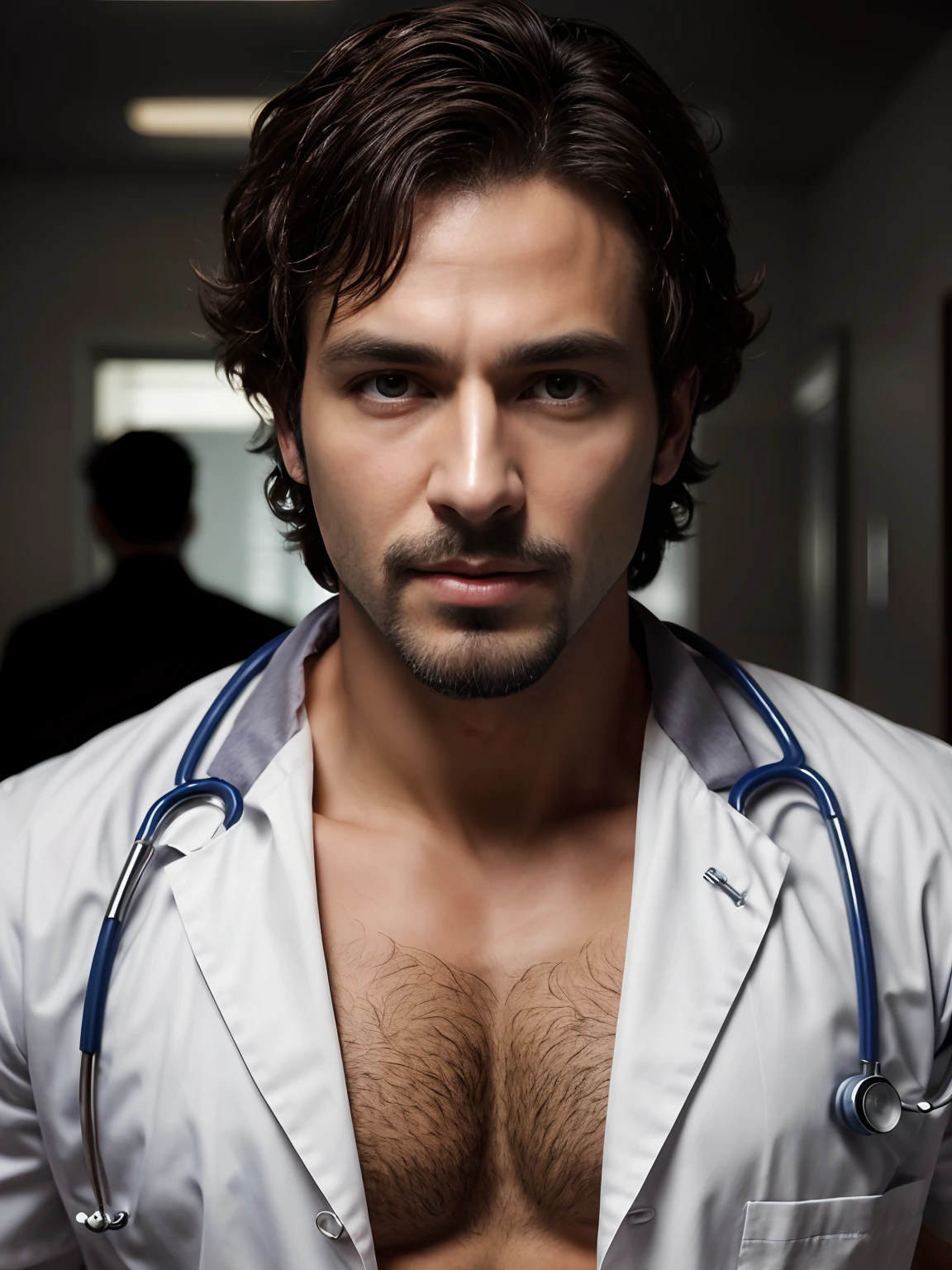 masterpiece, best quality, high resolution, closeup portrait, male focus, solo focus, A man, with doctor clothes, bare chest, body hair, facial hair, goatee, messy short hair, very hairy body , skinny , in the background a doctor office, amazing composition, front view, full body, HDR, ultra quality, elegant, highly detailed